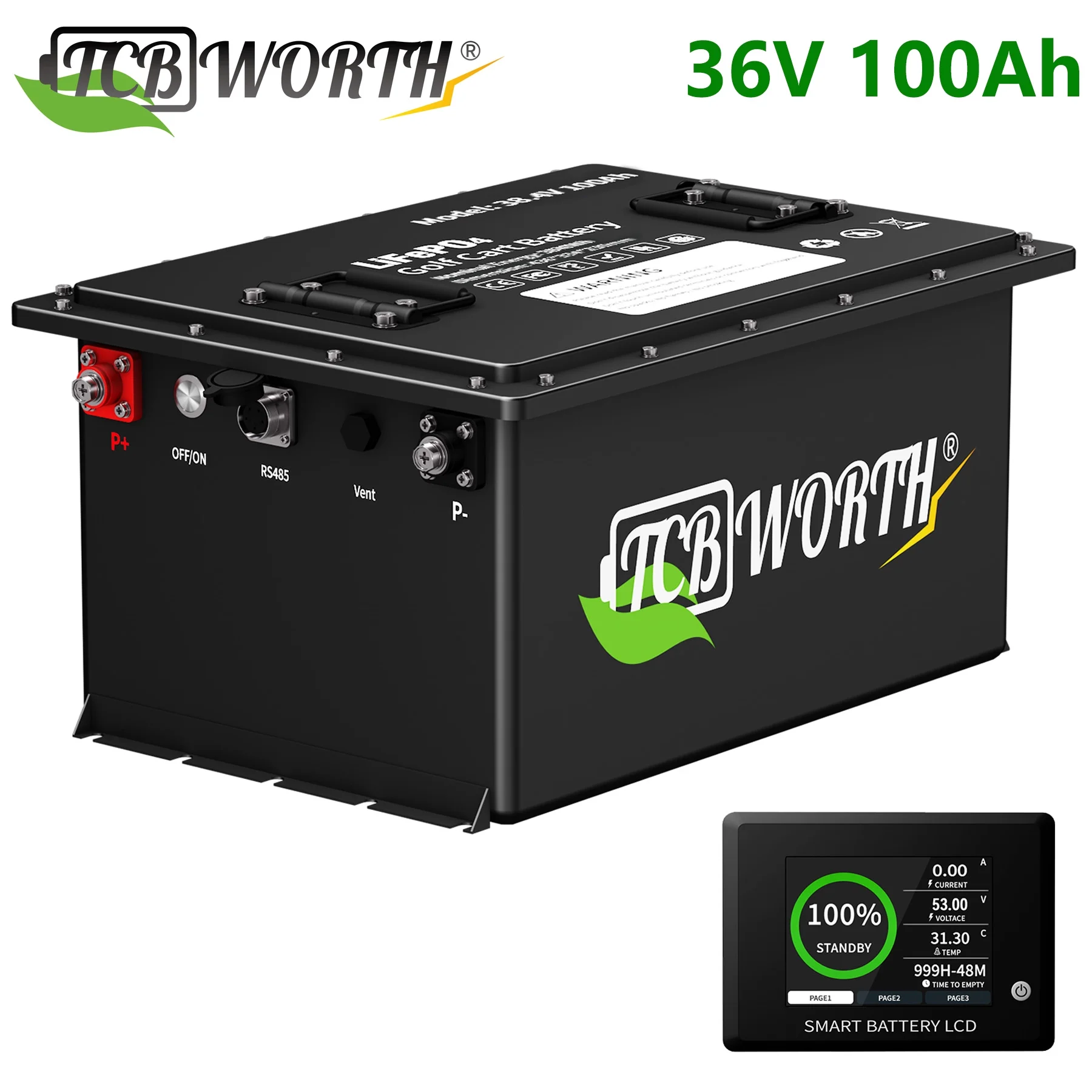 36V 100Ah Golf Cart Battery,200A BMS,15000 Cycles LiFePO4 Battery,with a Battery Monitor