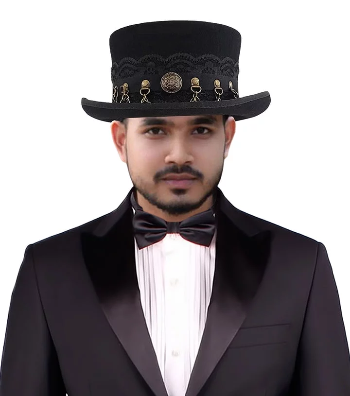 Different Touch 100% Wool Felt Top Hat Western Steampunk with Leather Band and Chain