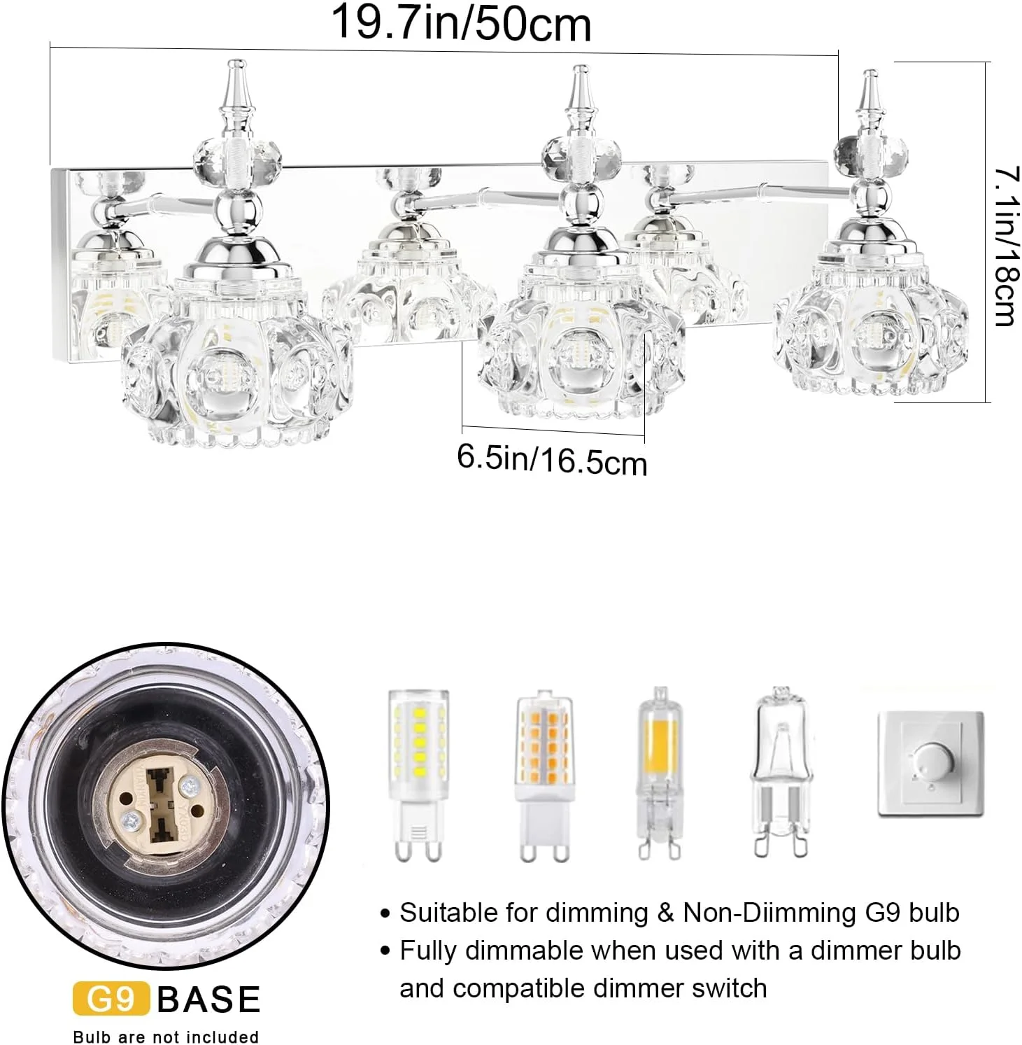 KUANGHENG Modern Bathroom Vanity Lighting Fixtures 3-Lights Industrial Stainless Steel Chrome Finish with Crystal Glass Vanity Lights Farmhouse Bath Lighting(Exclude Bulb)