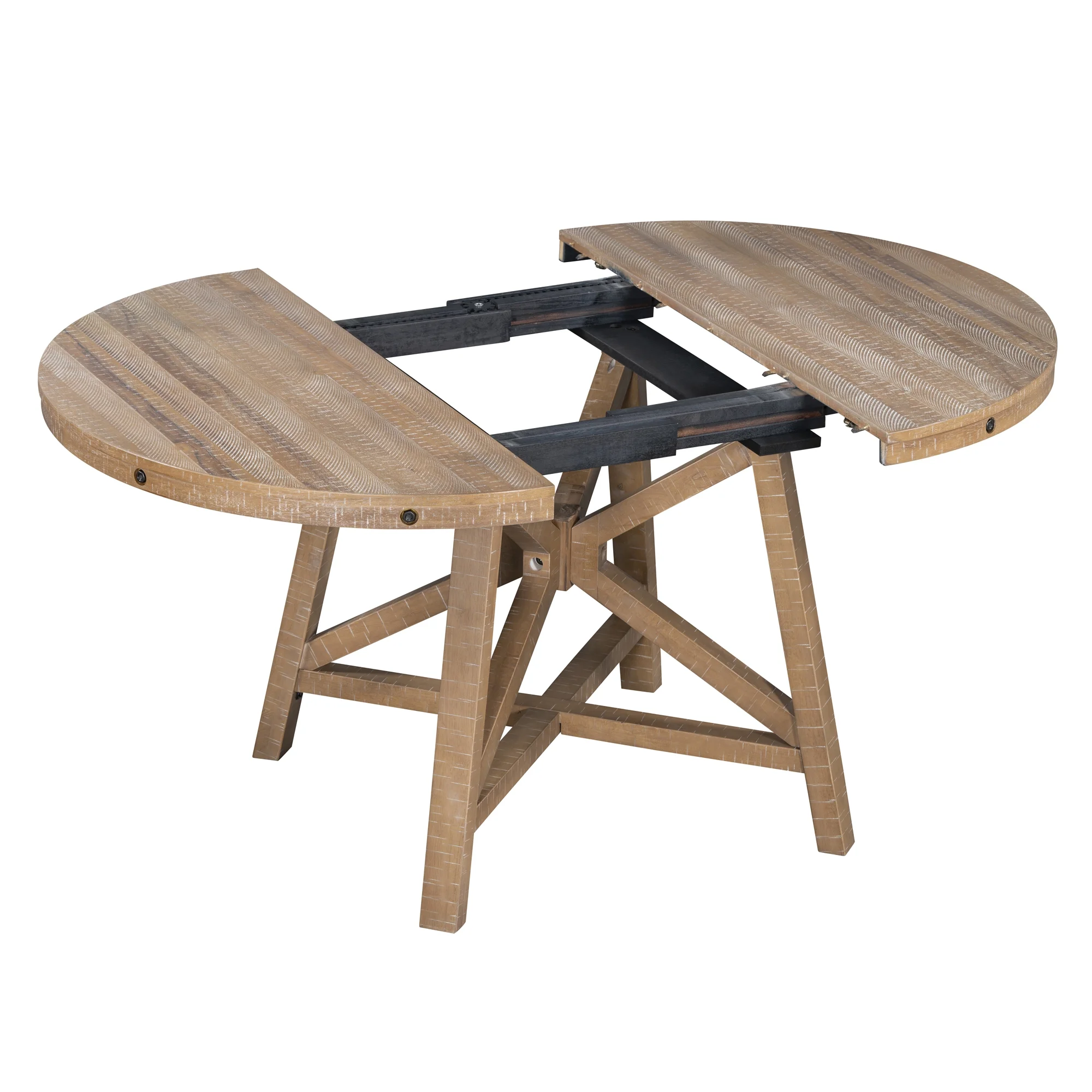 TREXM 5-Piece Retro Dining Set with Extendable Round Table, Removable Middle Leaf, and 4 Upholstered Chairs - Natural Wood Wash