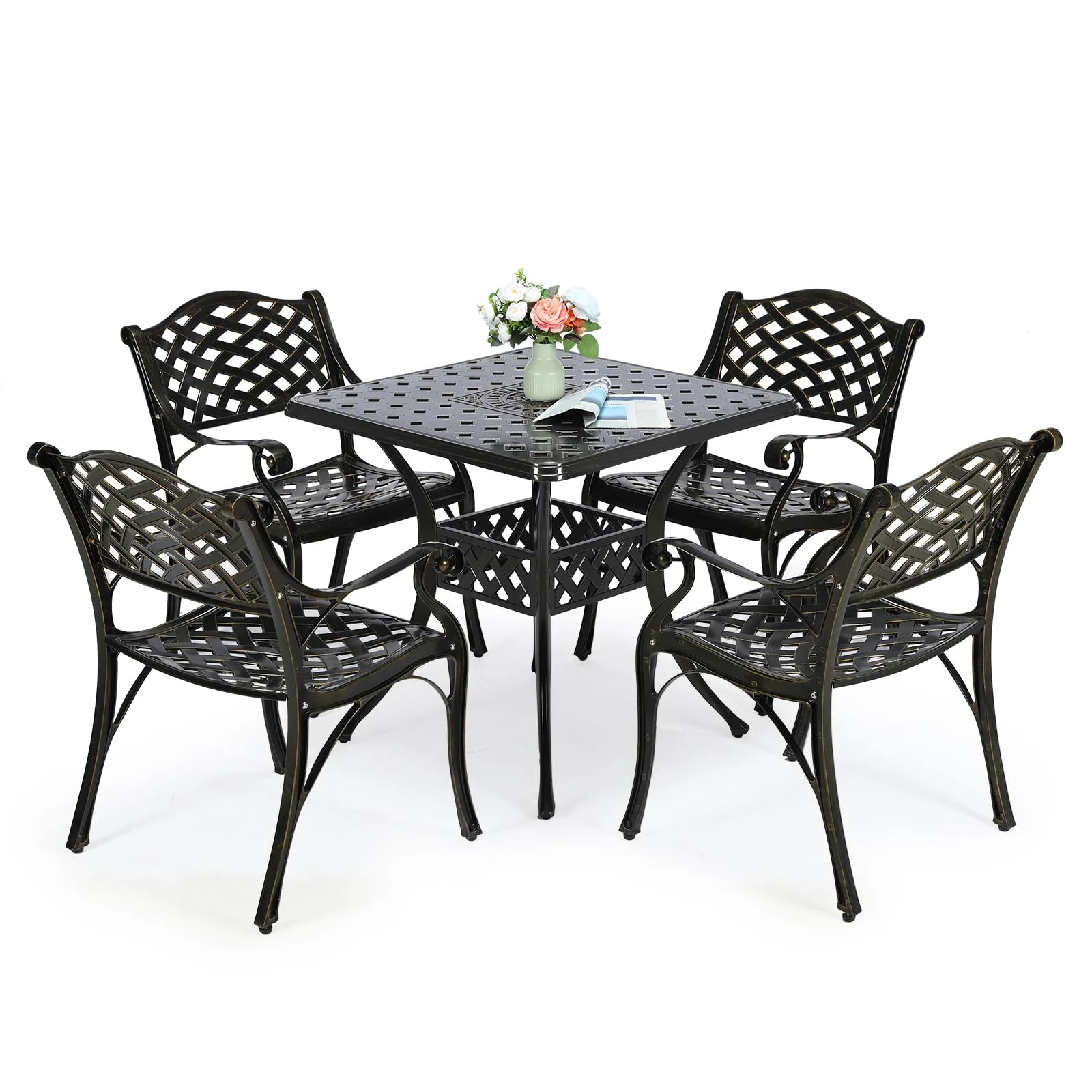 VIVIJASON 5-Piece Patio Dining Set, All-Weather Outdoor Cast Aluminum Conversation Set, Include 4 Chairs, a 30.5” Square Table W/Umbrella Hole Patio Dining Furniture Set for Balcony Garden Backyard
