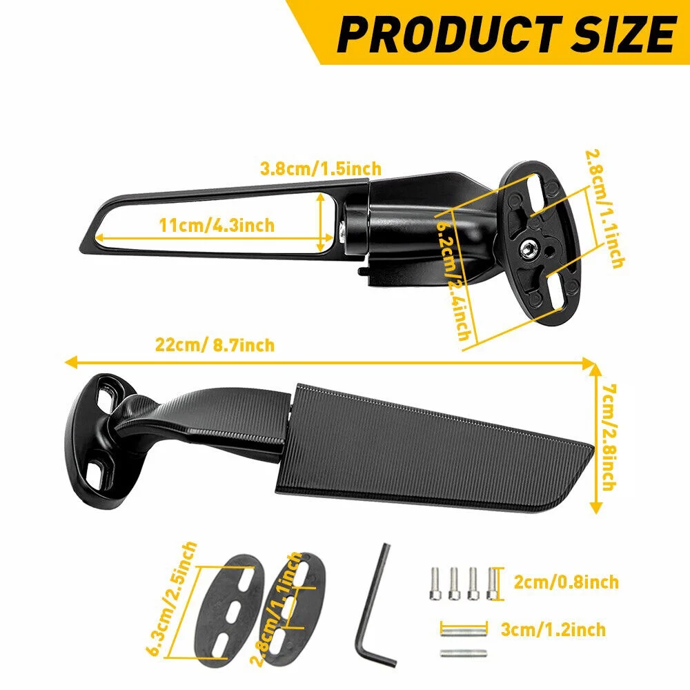 Modified Motorcycle Rearview Mirror Wind Wing, 2pcs Adjustable Rotating Side Mirrors with Wide Viewing Angle, ATV Motorcycle Wing Rearview Mirrors Replacement for Ninja, 250 300 H2 H4