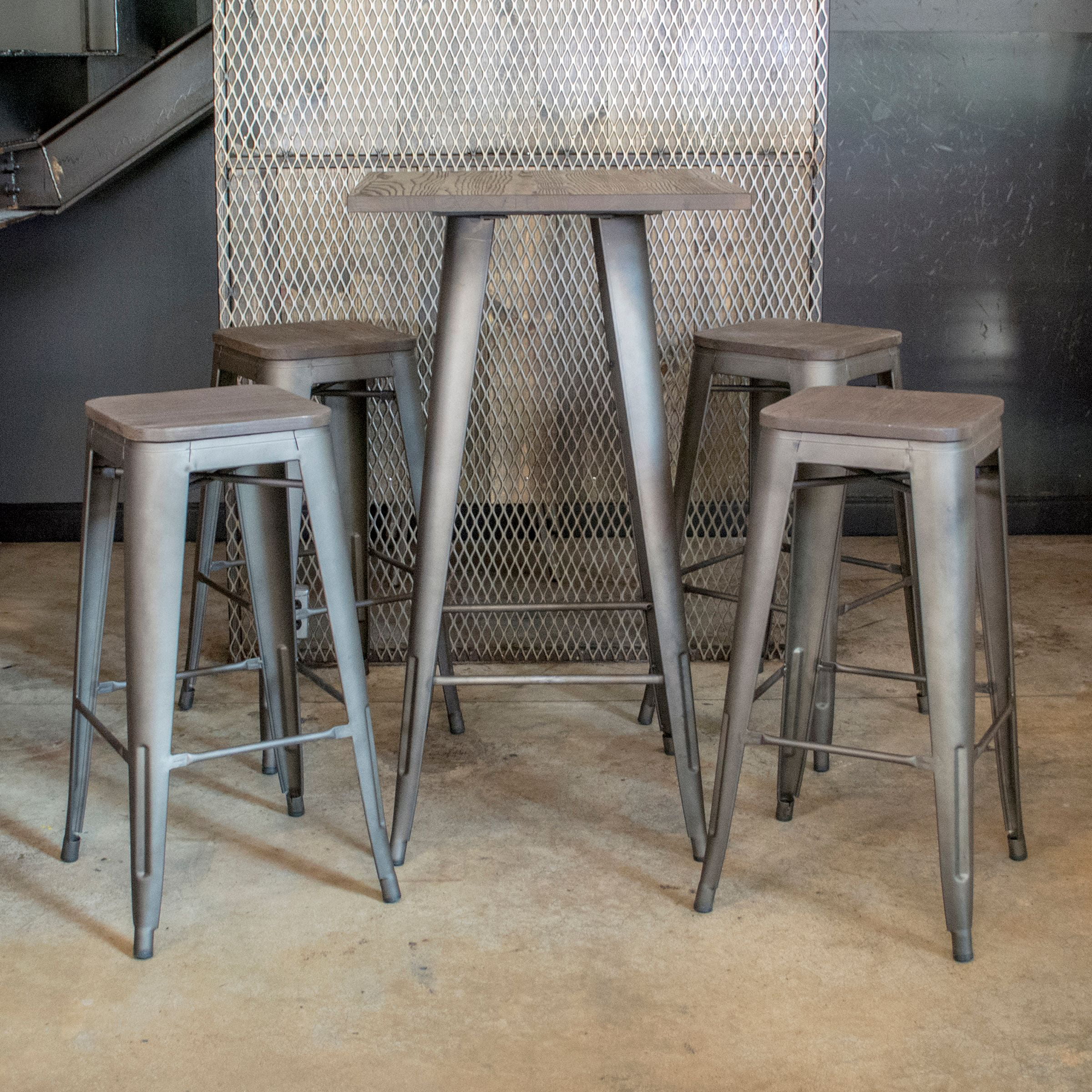 AmeriHome Dark Elm Finish Wood Top Bar Table with 4 Dark Elm Wood Top Gunmetal Finish Backless Bar Stools