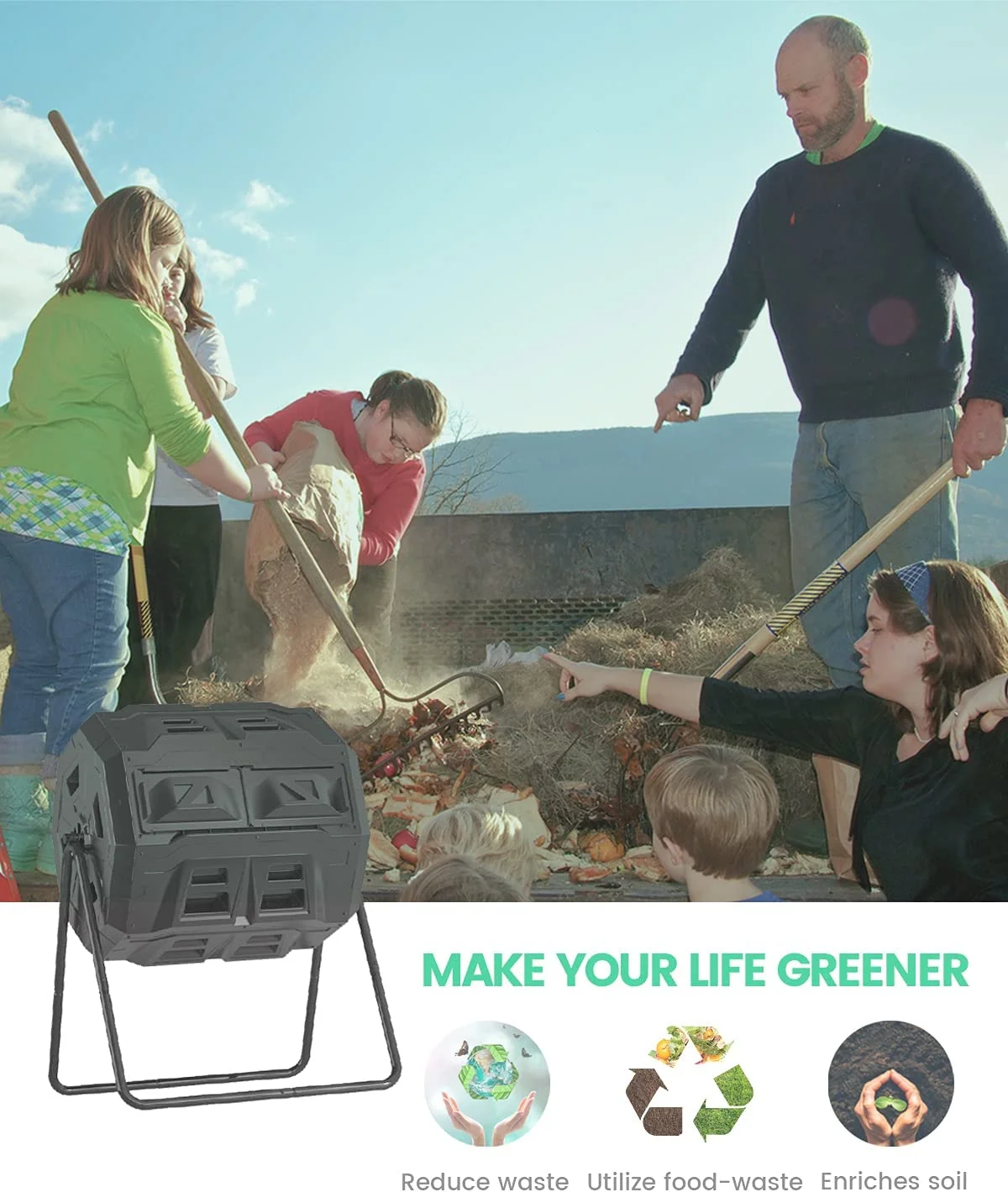 2021 Upgraded Tumbling Composter with Compost Thermometer - Dual Chamber Garden Compost Bin(43 Gal, Black)