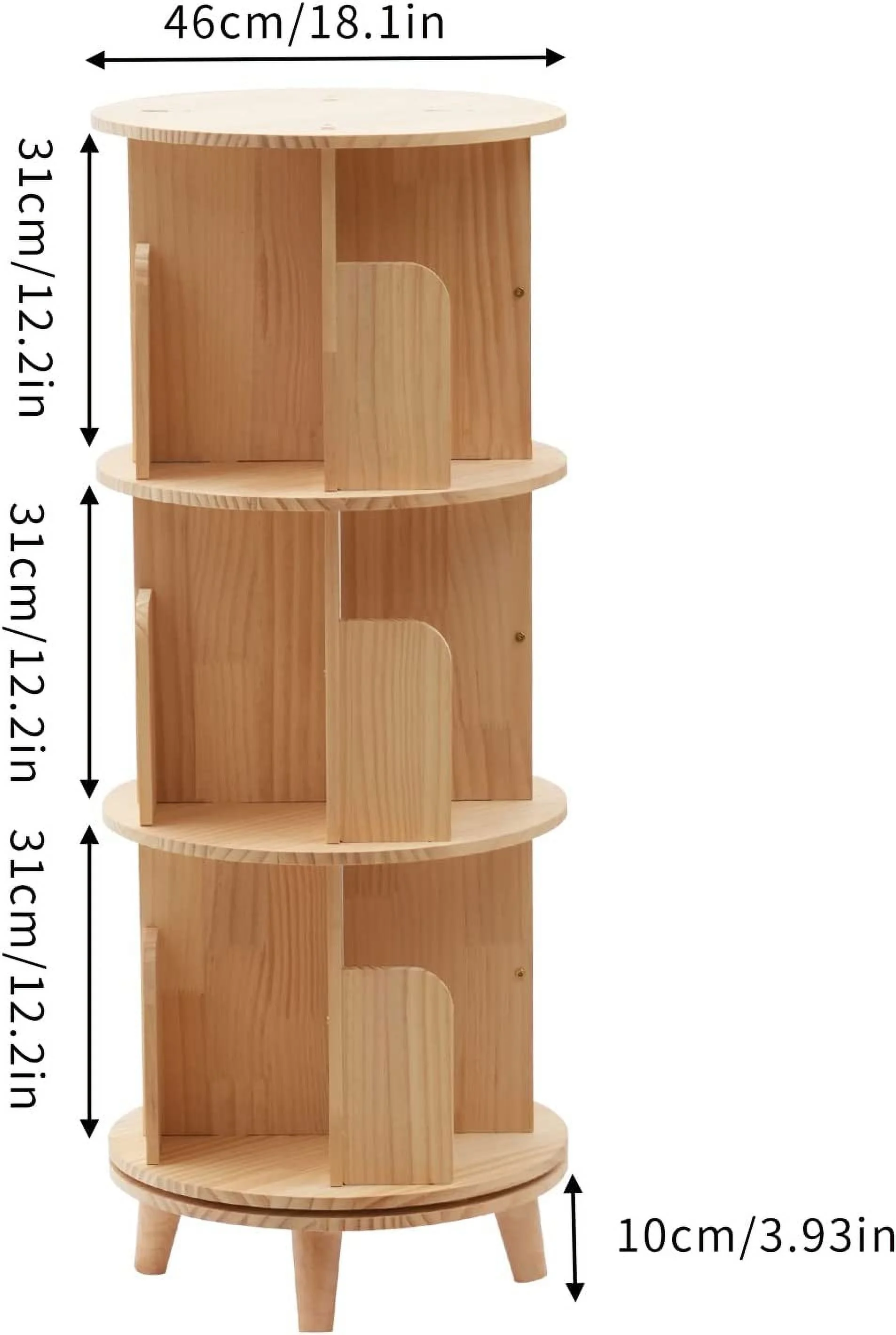 Wood Rotating Bookshelf, 3-Tier Floor Standing Bookcase Organizer 360 Display Corner Storage Rack for Bedroom Living Room Office