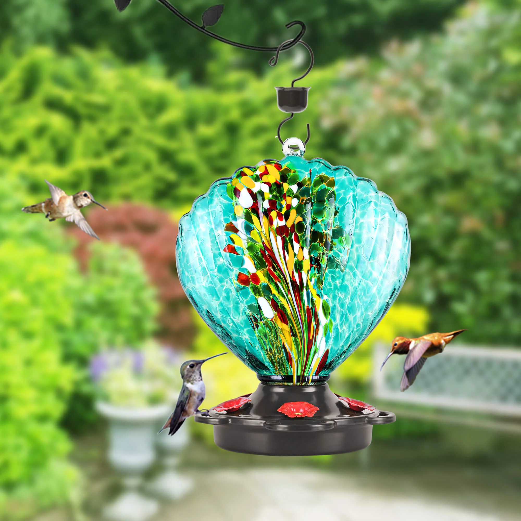 LUJII Seashell Shaped Hand Blown Glass Hummingbird Feeder for Outdoors Hanging, Rust Proof & Leak Proof, 25 fl.oz, Unique Gardening Gift for bird lovers, Garden & Backyard Decor, Teal