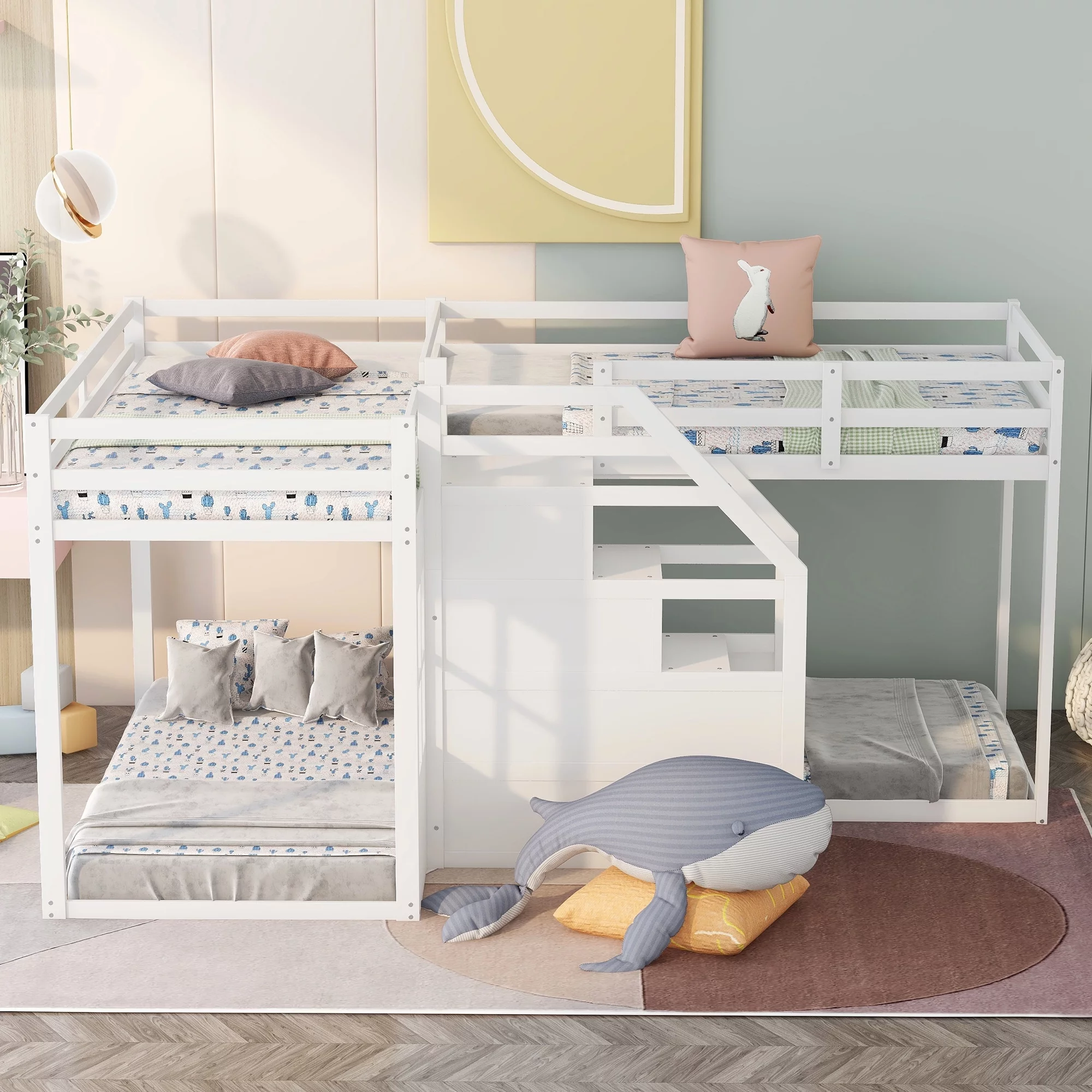 EUROCO Twin over Twin L-Shaped Bunk Bed with Middle Staircase, White