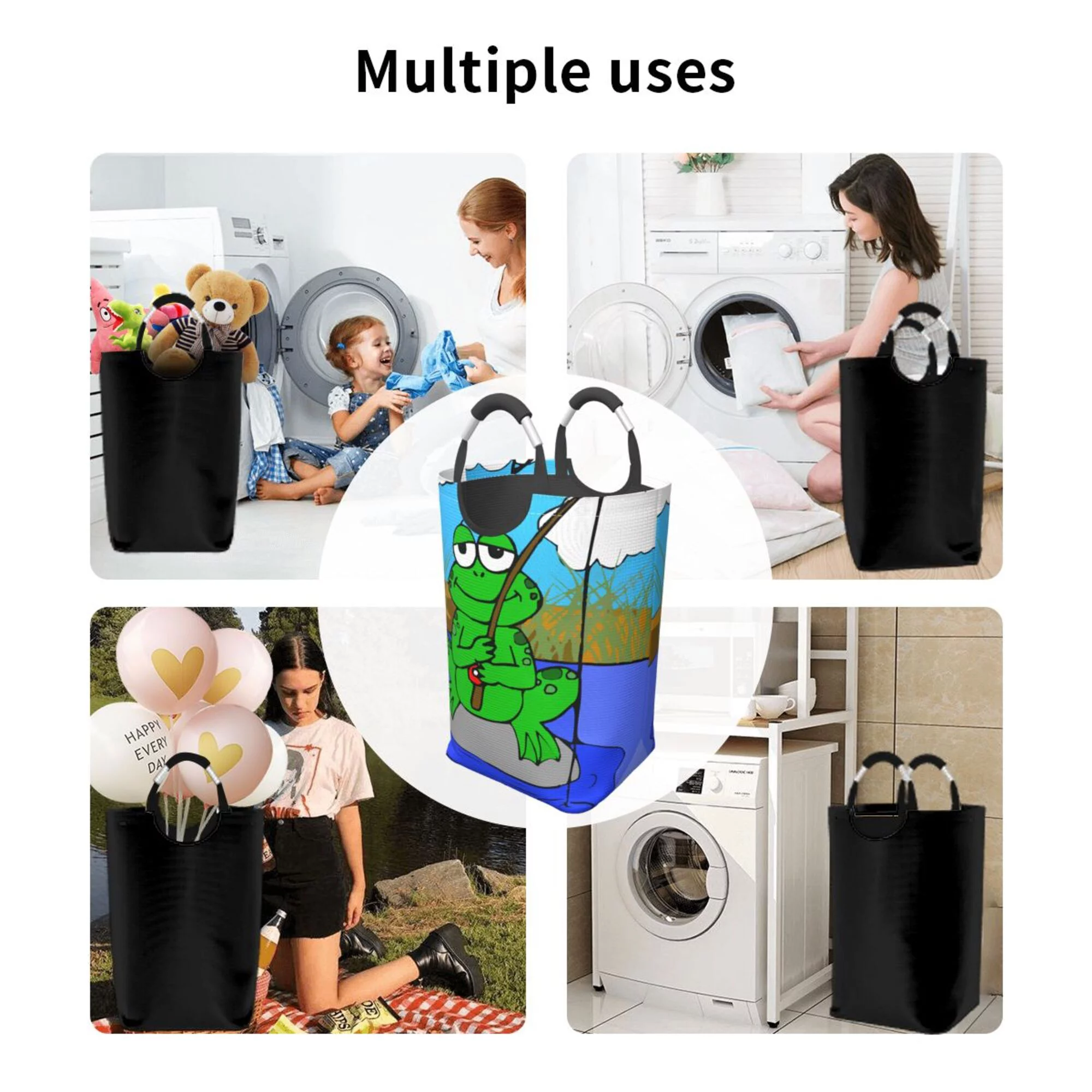 TEQUAN 50L Large Rectangular Laundry Hamper with Aluminum Handles, Cartoon Fishing Frog Prints Waterproof Foldable Dirty Clothes Basket