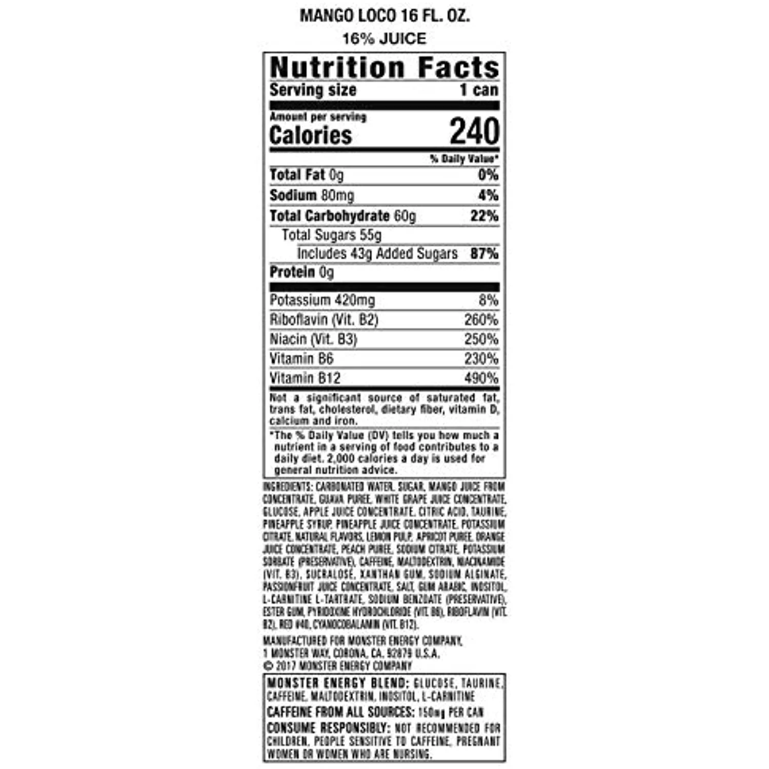 Monster Energy Juice Monster Mango Loco, Energy + Juice, Energy Drink, 16 Ounce (Pack Of 12)