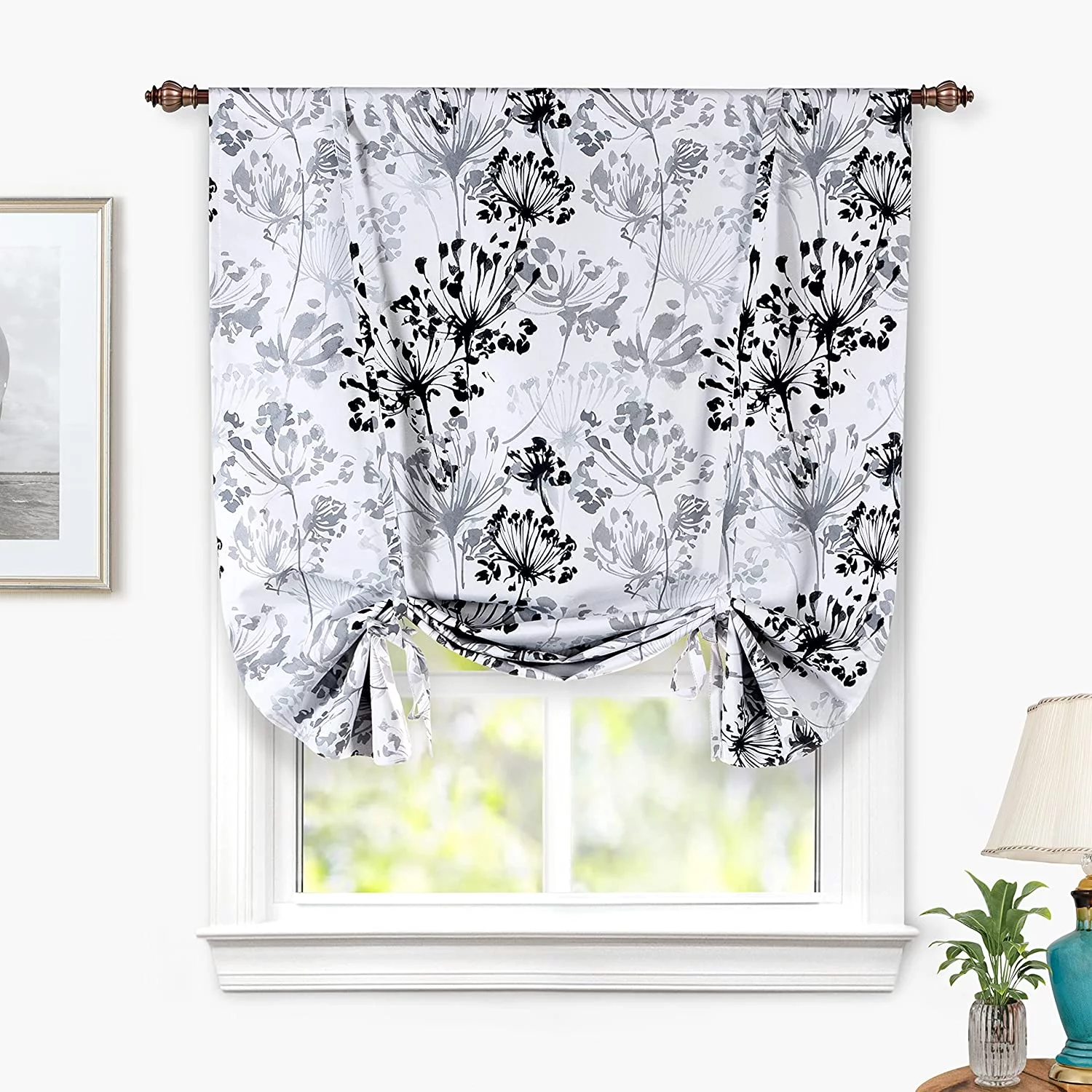 Floral Tie Up Curtain Acacia Floral Blossom Watercolor Printed 100 Percent Blackout Thermal Insulated Tie Up Adjustable Balloon Rod Pocket Curtain For Small Window 42 Inch By 63 Inch Gray