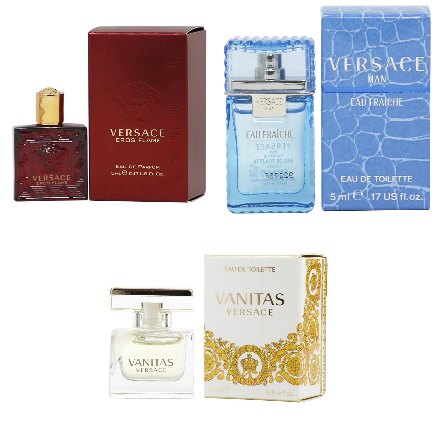 Versace Eros Flame EDP, Man Eau Fraiche EDT, Vanitas EDT - 5ml 3PK Kit