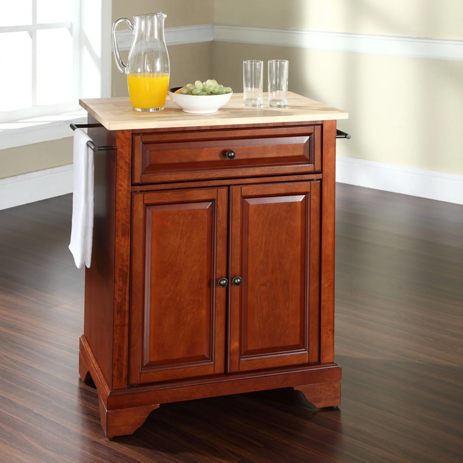 Crosley Furniture LaFayette Natural Wood Top Portable Kitchen Island in White
