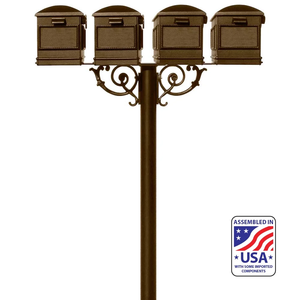 The Hanford QUAD Lewiston mailbox post system w/Scroll Supports, Bronze - HPWS4-000-LM-BRZ
