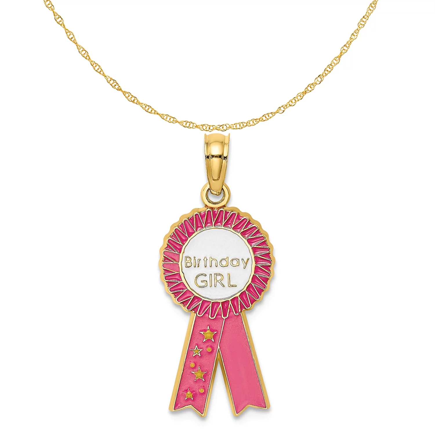 Carat in Karats 14K Yellow Gold Enamel Birthday Girl Pink Ribbon Pendant Charm (23.5mm x 10.7mm) With 14K Yellow Gold Lightweight Rope Chain Necklace 20''