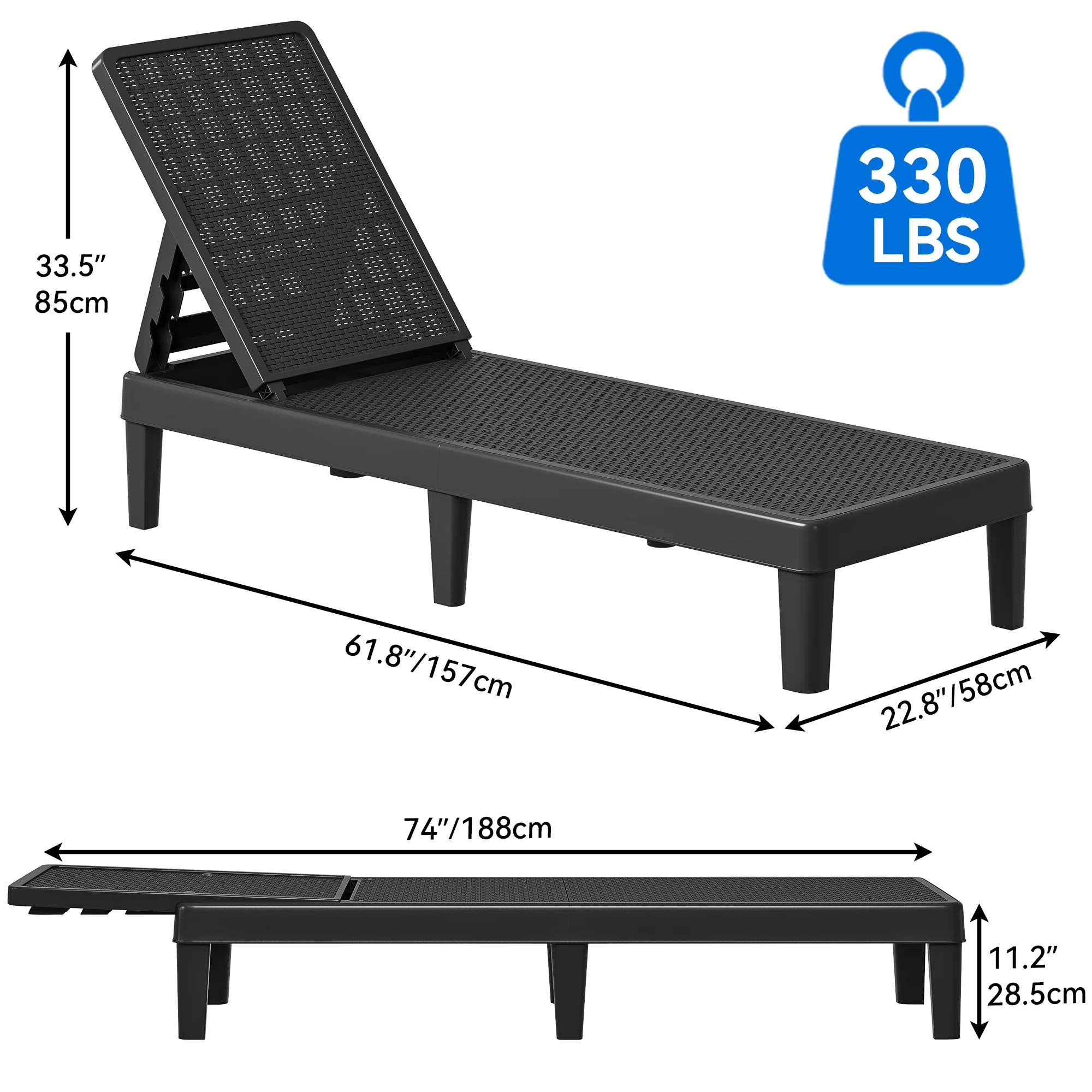 Dextrus 2 Pcs Outdoor Chaise Lounge Chairs with 4-Position Adjustable Backrest, Dark Black