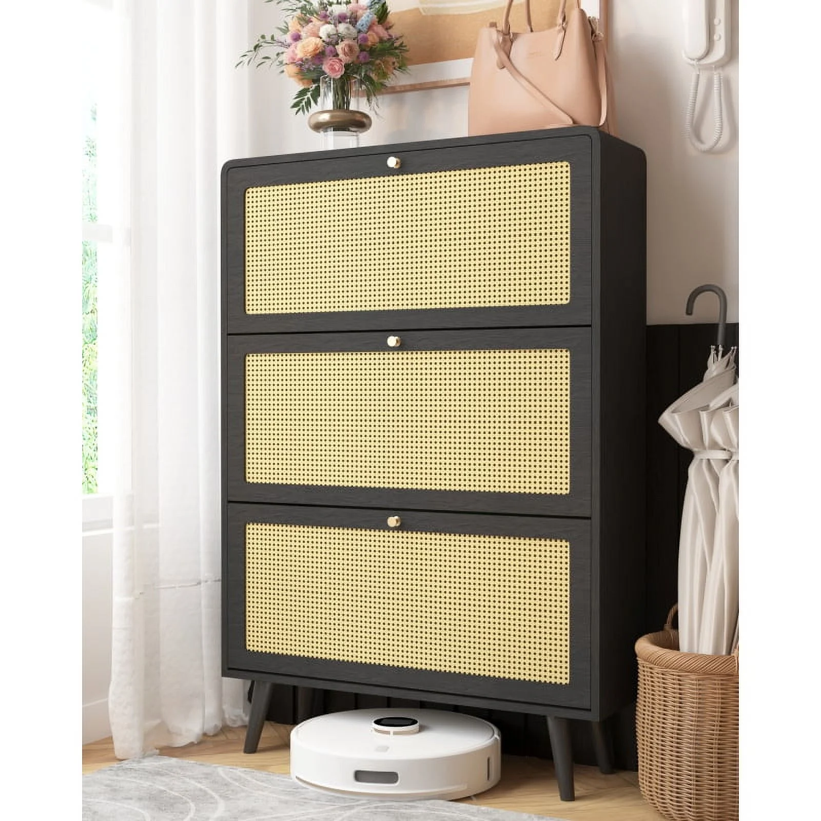 Rattan Narrow Shoe Cabinet with 3 FILP Drawers, Freestanding Shoe Storage Organizer, Modern Shoe Organizer Cabinet for Entryway, Black