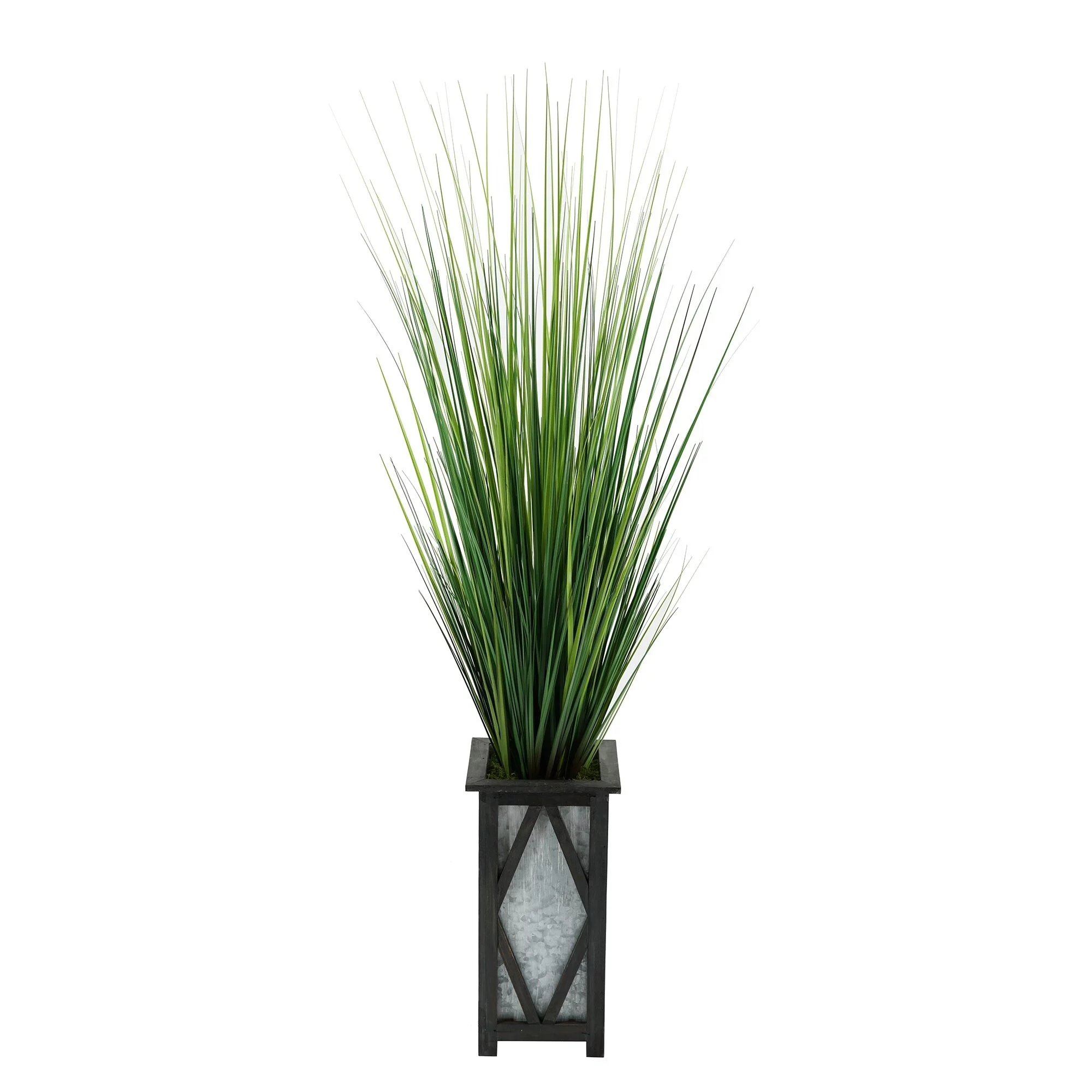 Faux PVC Grass in Tall Wood/ Metal Planter Black Diamond