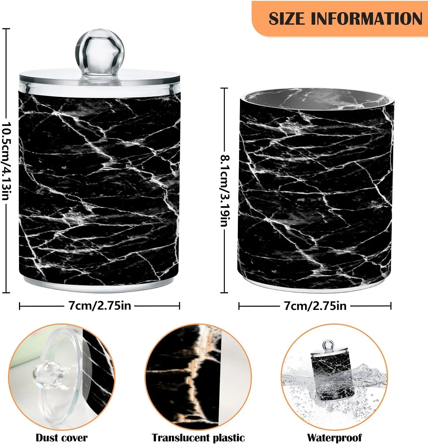 Wellsay 2PCS Black Marble Texture Qtip Holder Dispenser with Lids - Apothecary Jar Containers for Vanity Organizer Storage - Plastic Food Storage Canisters（749）