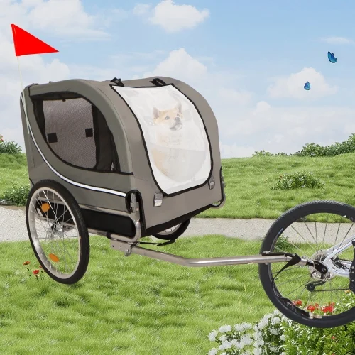 Dog Bike Trailer, Folding Pet Carrier Wagon with 20 Inch Wheels,Breathable Mesh Dog Cart with 3 Entrances, Safety Flag, 8 Reflectors,for Medium and Small Sized Dogs(Grey)
