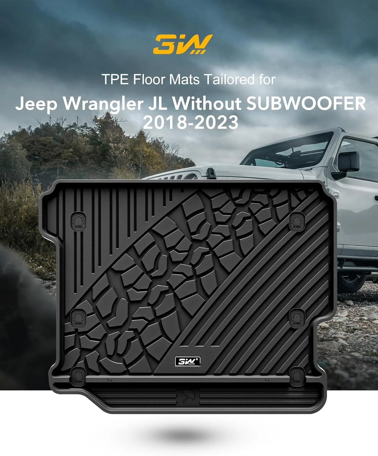 3W Cargo Liner Fit for Jeep Wrangler JL Without SUBWOOFER 2018-2024 (Non JK or 4XE) TPE All Weather Custom Fit Trunk Liner for JL Unlimited 4-Door Without SUBWOOFER Black