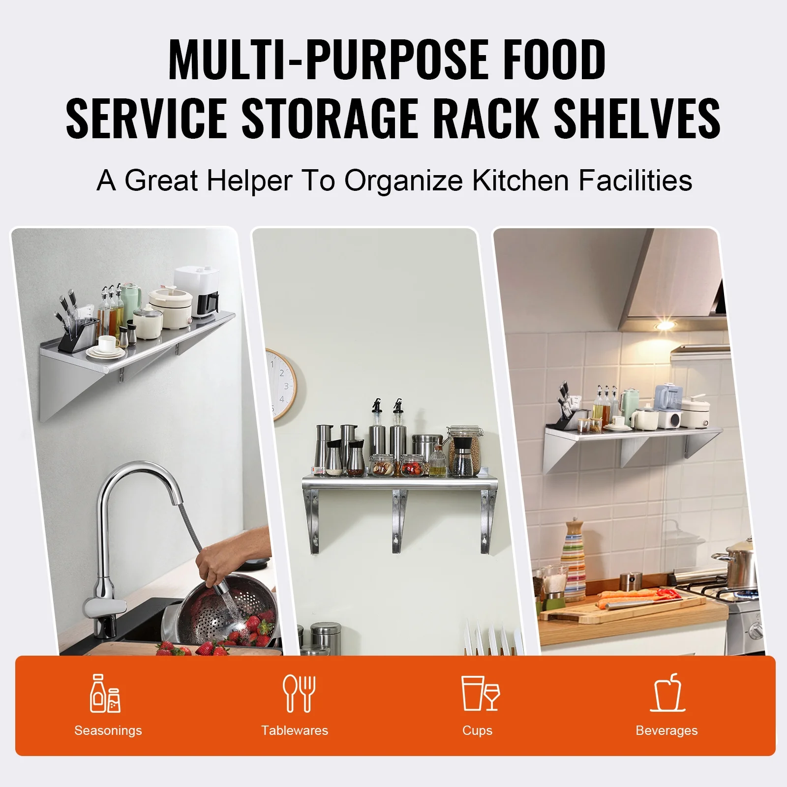 SKYSHALOStainless Steel Wall Mounted Shelf Kitchen Restaurant Shelving 60