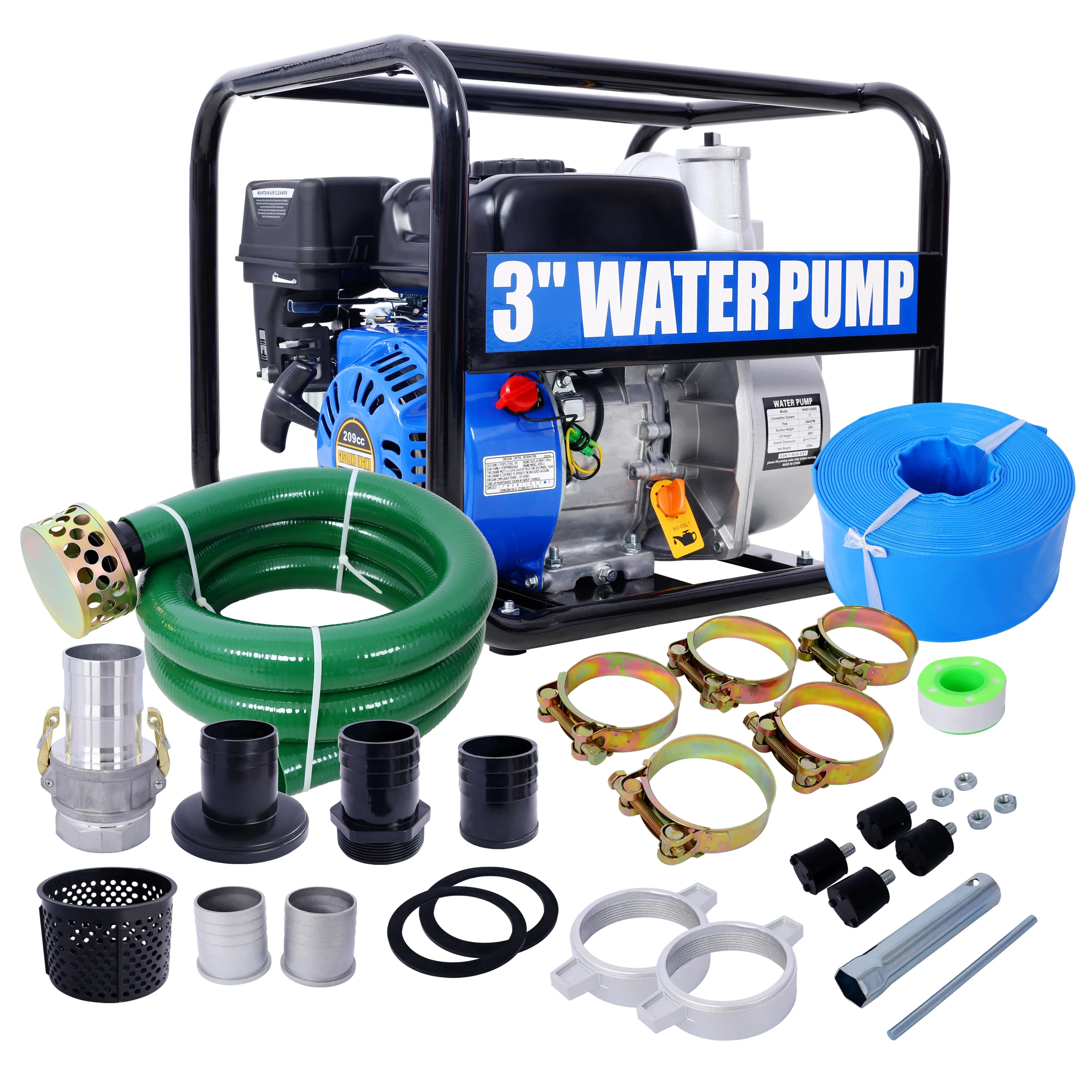 Semi Trash Pump 3 inch, 209cc 7HP 4 stroke OHV ENGINE, Gas Powered Full Trash Water Pump with Handle and Wheels, 50 ft Discharge Hose, 12 ft Suction Hose with Complete Fittings,EPA compliant