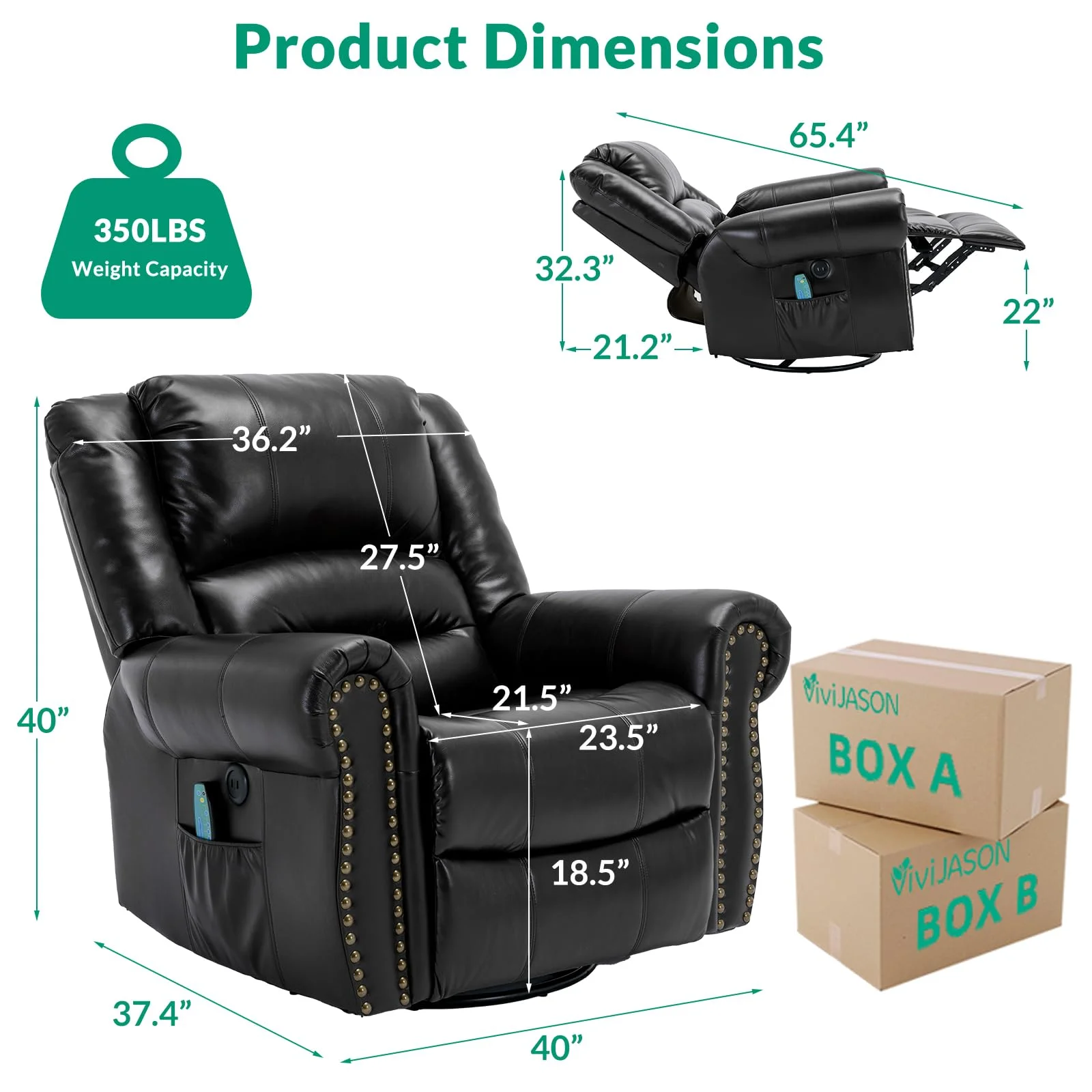 VIVIJASON Massage Swivel Rocker Recliner Chair with Heat & Vibration, 360° Swivel Manual Glider Rocking Reclining Chair with 2 Remote Controls, Side Pockets & USB Ports for Living Room, Black