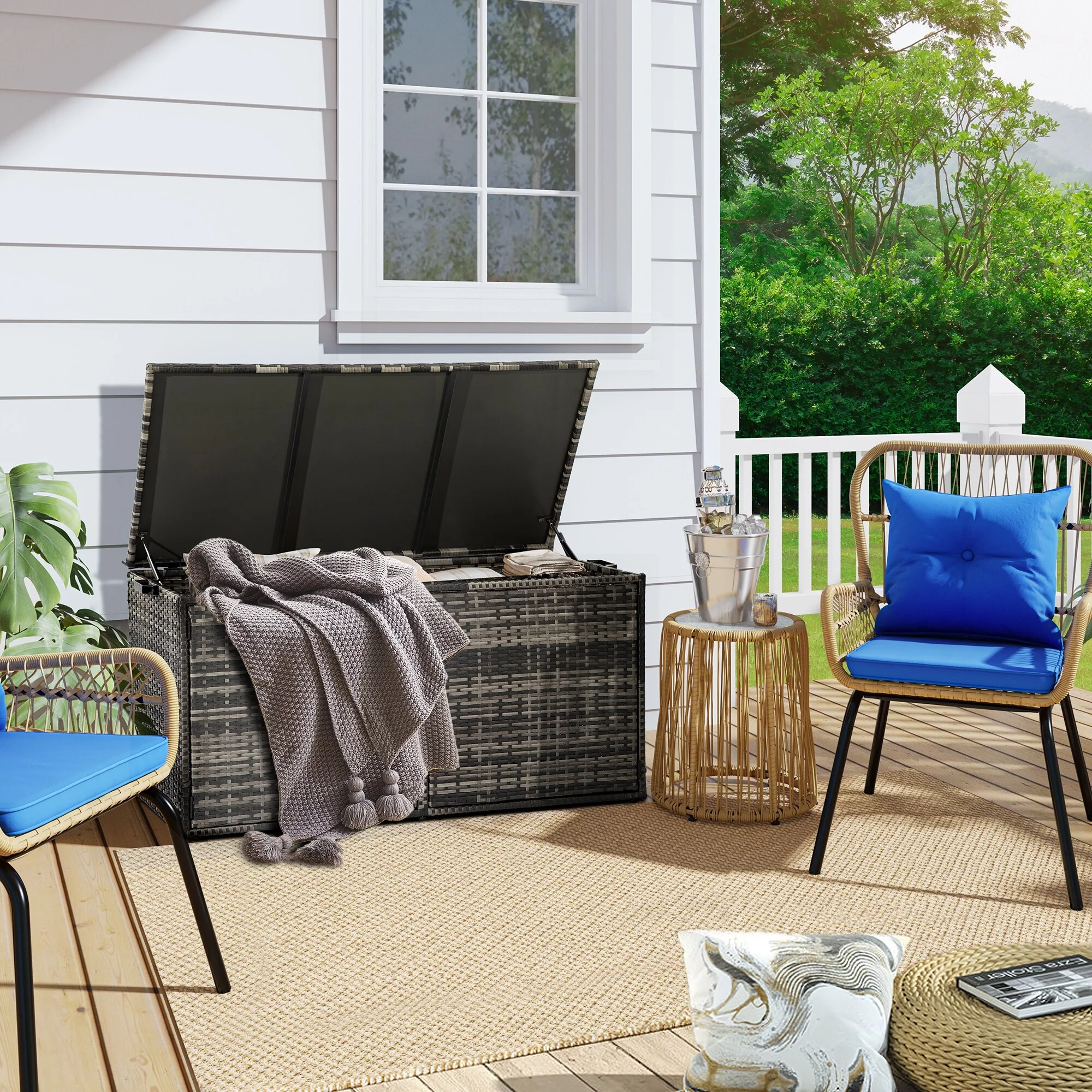 120 Gallon Outdoor Wicker Deck Box - N/A Grey