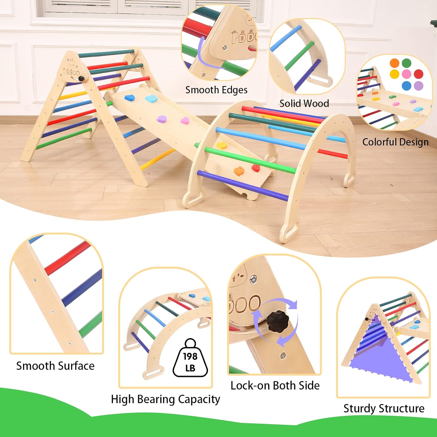 YOUB Pikler Triangle Climber Set with Ramp Montessori Climbing Set Toddler Playset 3 in 1 Foldable Indoor Wooden Climbing Toys for Toddlers Play Gym 3Pcs Rainbow