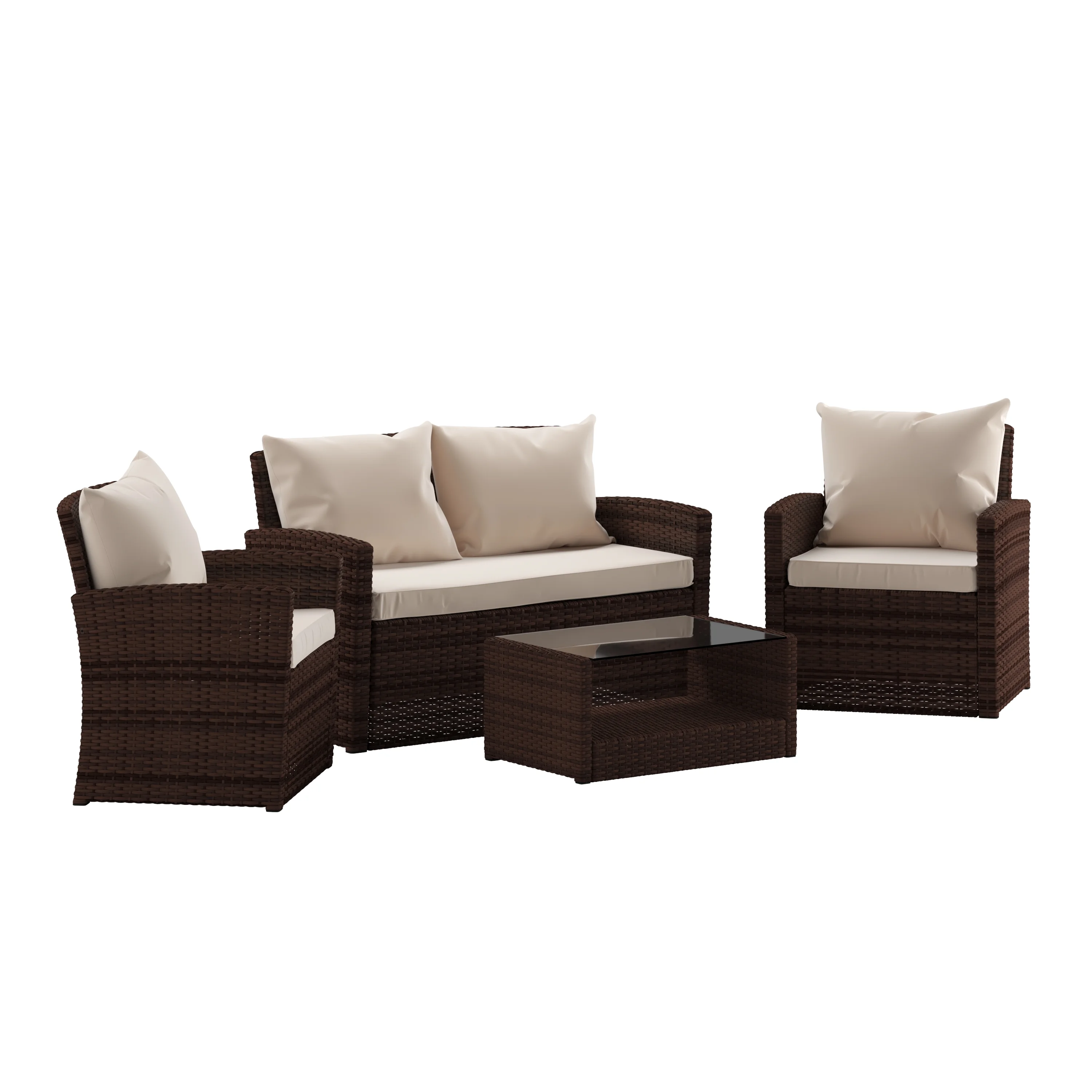 Merrick Lane 4 Piece Patio Set Contemporary Brown Loveseat, 2 Chair and Coffee Table Set with Beige Back Pillows and Seat Cushions