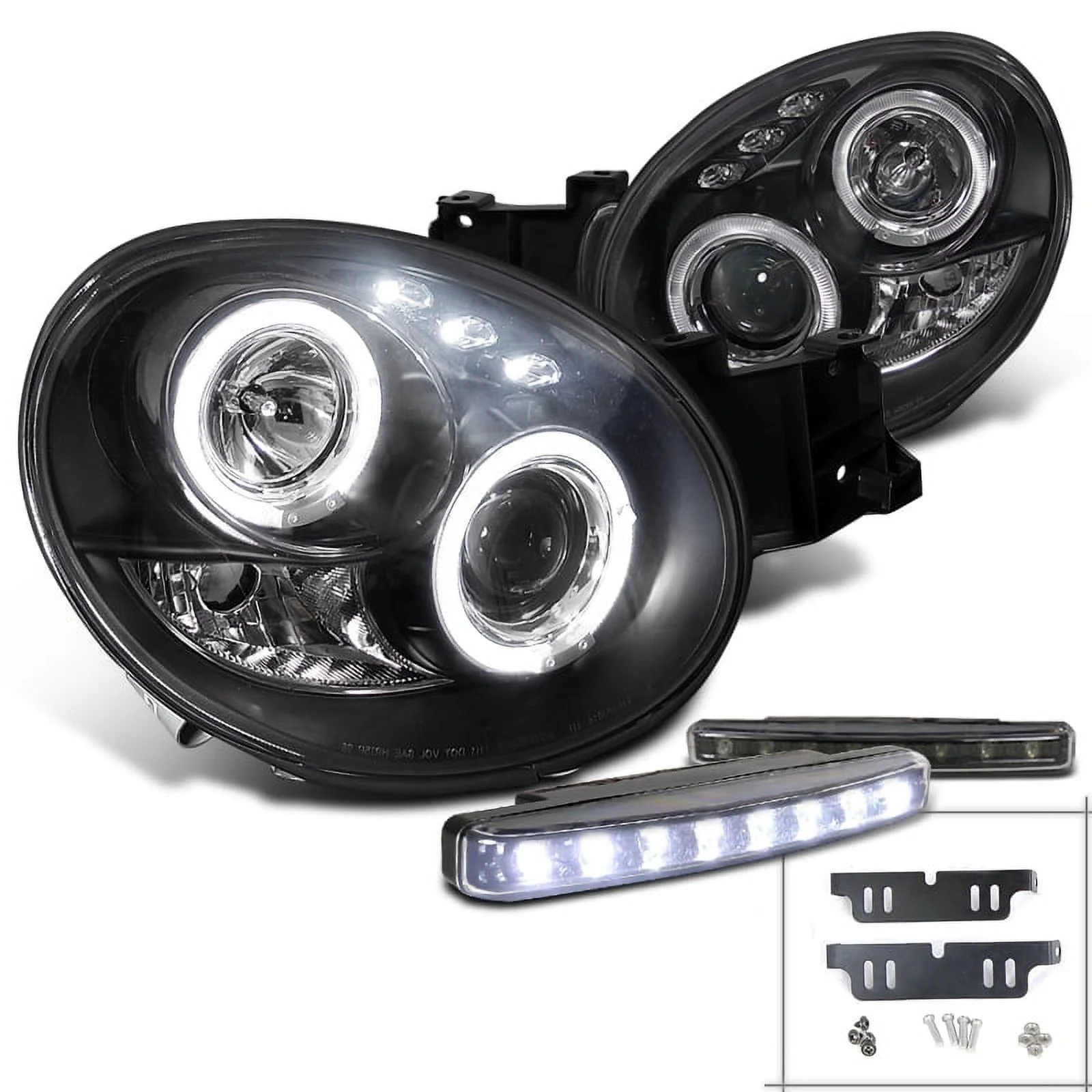 Spec-D Tuning Dual Halo Black Projector Headlights + 8-LED Fog Lights Compatible with Impreza Left + Right Pair Headlamps Assembly