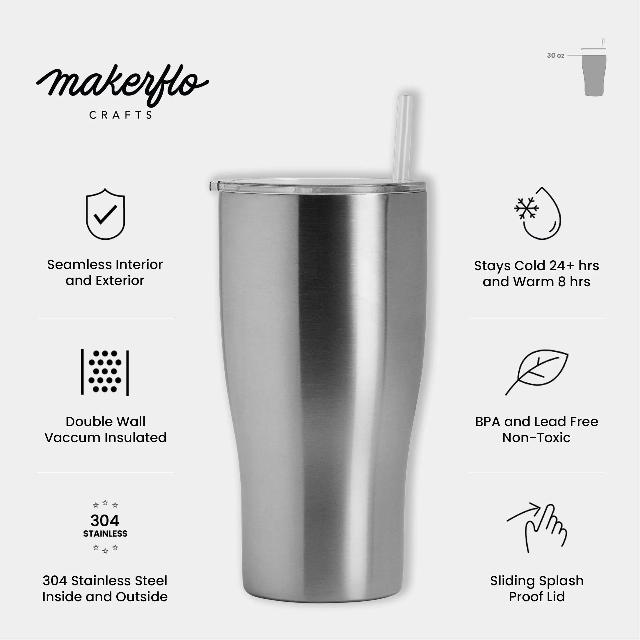 Makerflo Destash 25 Pack 30 oz Curve Tumbler, Stainless Steel Insulated Tumblers, Silver