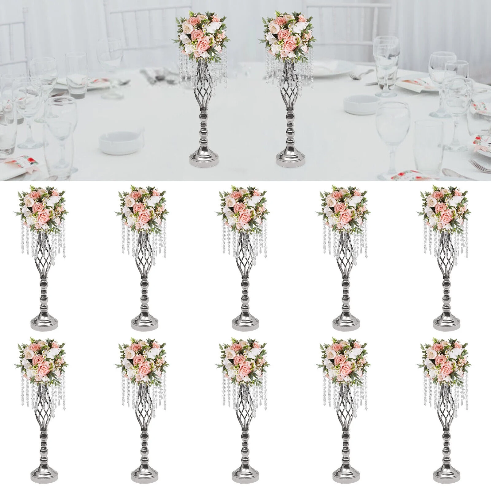 Miumaeov 10pcs Crystal Flower Vase Wedding Table Centerpieces Flower Stand 21.7inch Tall