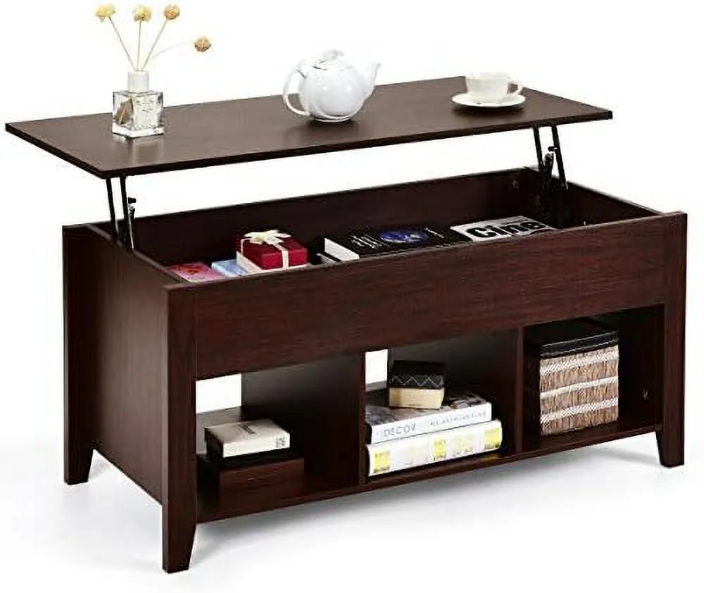 ZFGSUIJN Lift Top  Space Coffee Table  Multi-Functional Modern Coffee Table with Height Adjustable Top & Hidden Compartment  & Three Open Shelves at Bottom (Brown)