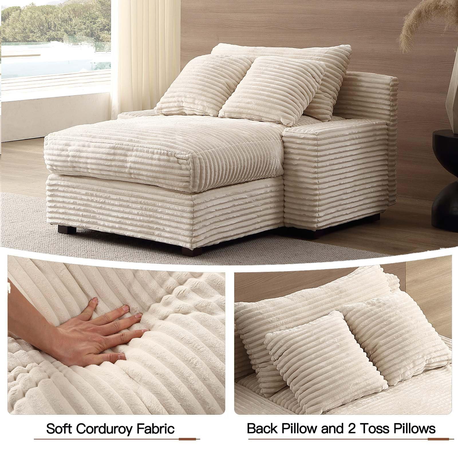 DECORAflex Modern Corduroy Chaise Lounge,Luxury Upholstered Lounge Chair with 3 Pillows,Comfy Sleeper Chair for Living Room Bedroom,Beige