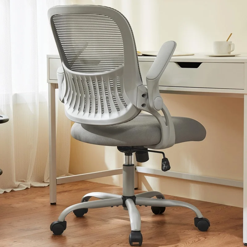 Office Computer Desk Chair, Ergonomic Mid-Back Mesh Rolling Work Swivel Task Chairs with Wheels, Comfortable Lumbar Support, Comfy Flip-up Arms for Home, Bedroom, Study, Student, Grey