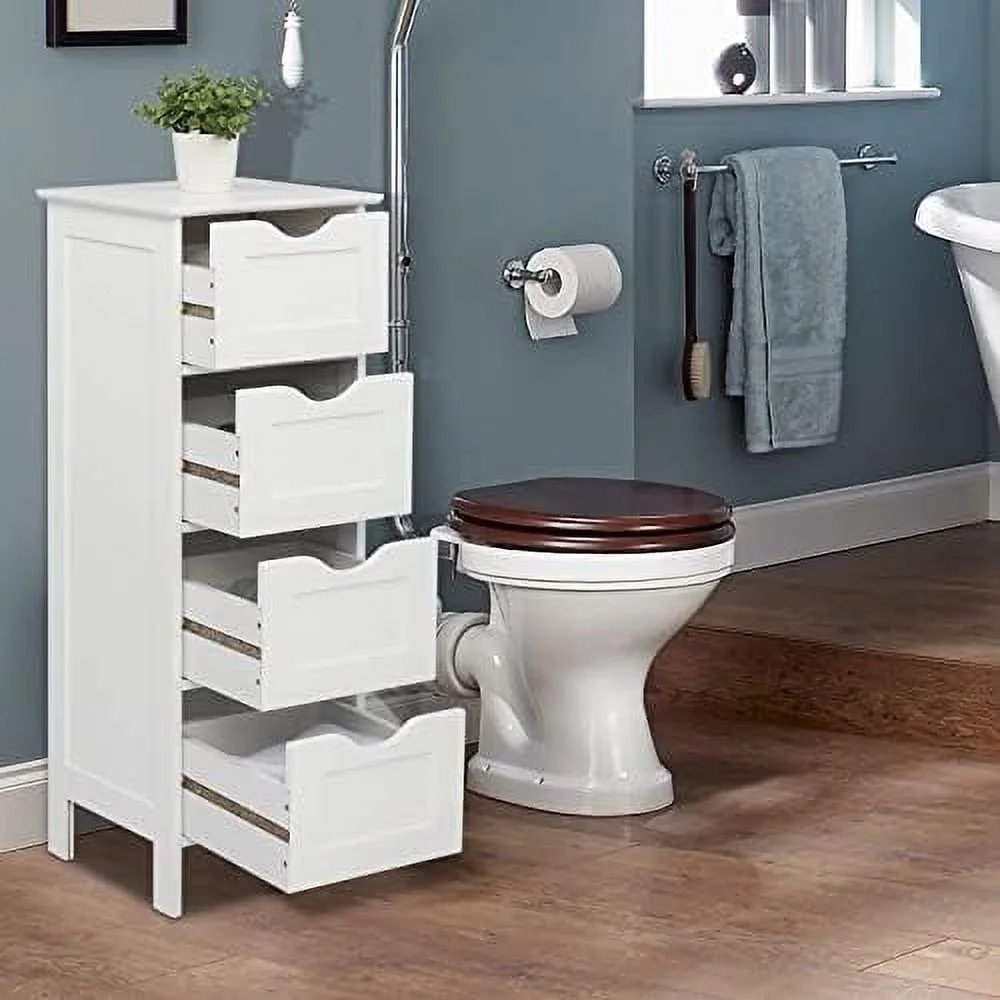 HBBOOMLIFE Bathroom Floor Cabinet  Freestanding Bathroom Cabinet with 4 Drawers  Side  Cabinet for Bathroom  Living Room  Bedroom (White  11.8" W x 11.8" D x 32.3" H)