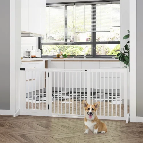 PawHut Adjustable Wooden Pet Gate, Freestanding Dog Fence for Doorway, Hall, 3 Panels w/ Safety Barrier, Lockable Door, White, 44.5