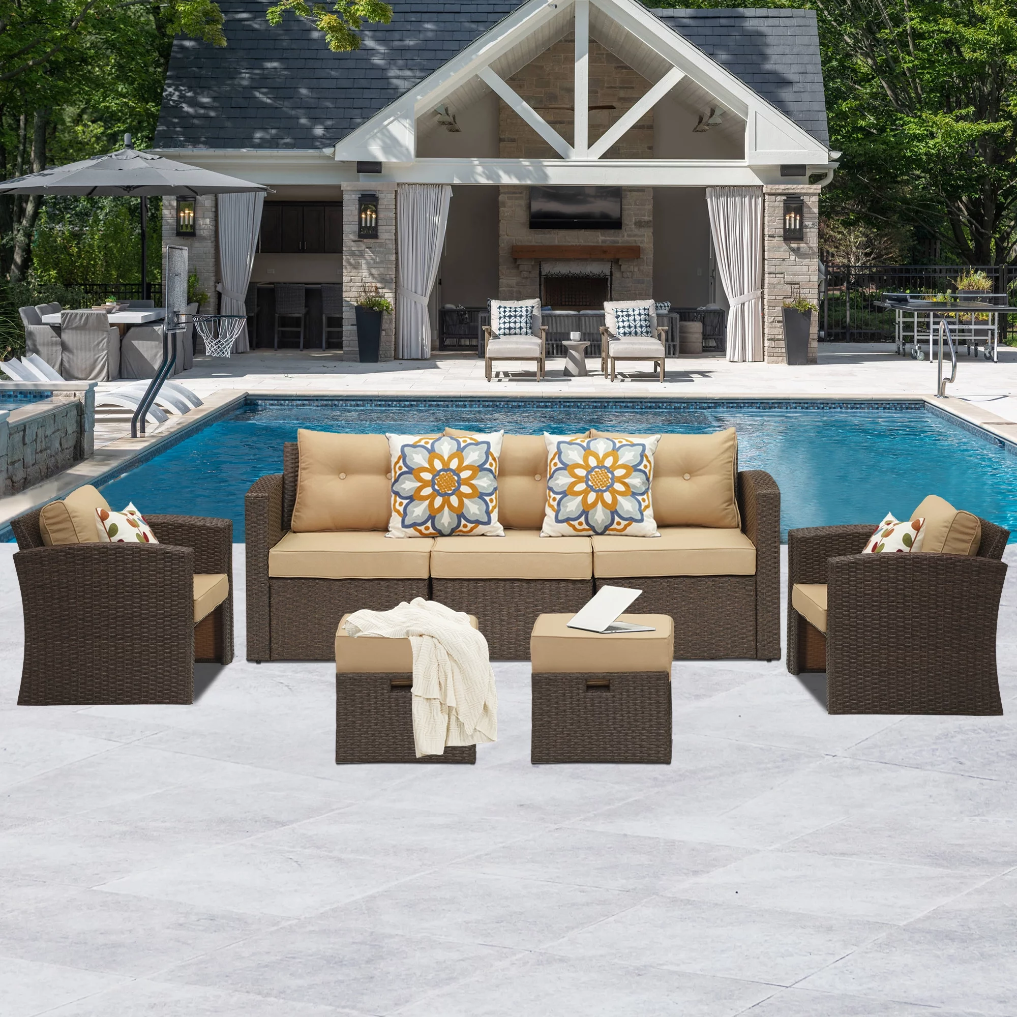 Royalcraft Outdoor Patio Furniture Set,7 Pieces Outdoor Sectional Wicker Sofa PE Rattan Conversation Sets with Non-slip Cushions,Aluminum Frame,Grey