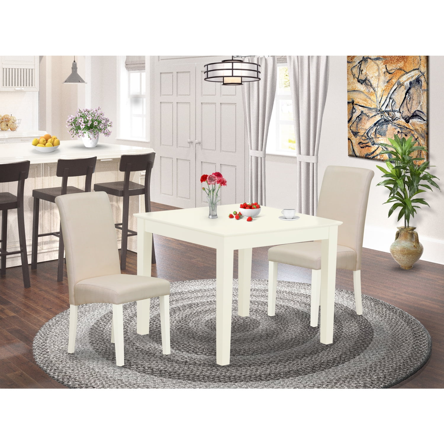HomeStock Retro Relaxation 3Pc Dinette Set Includes A Square Kitchen Table And Two Parson Chairs With Cream Fabric, Linen White Finish