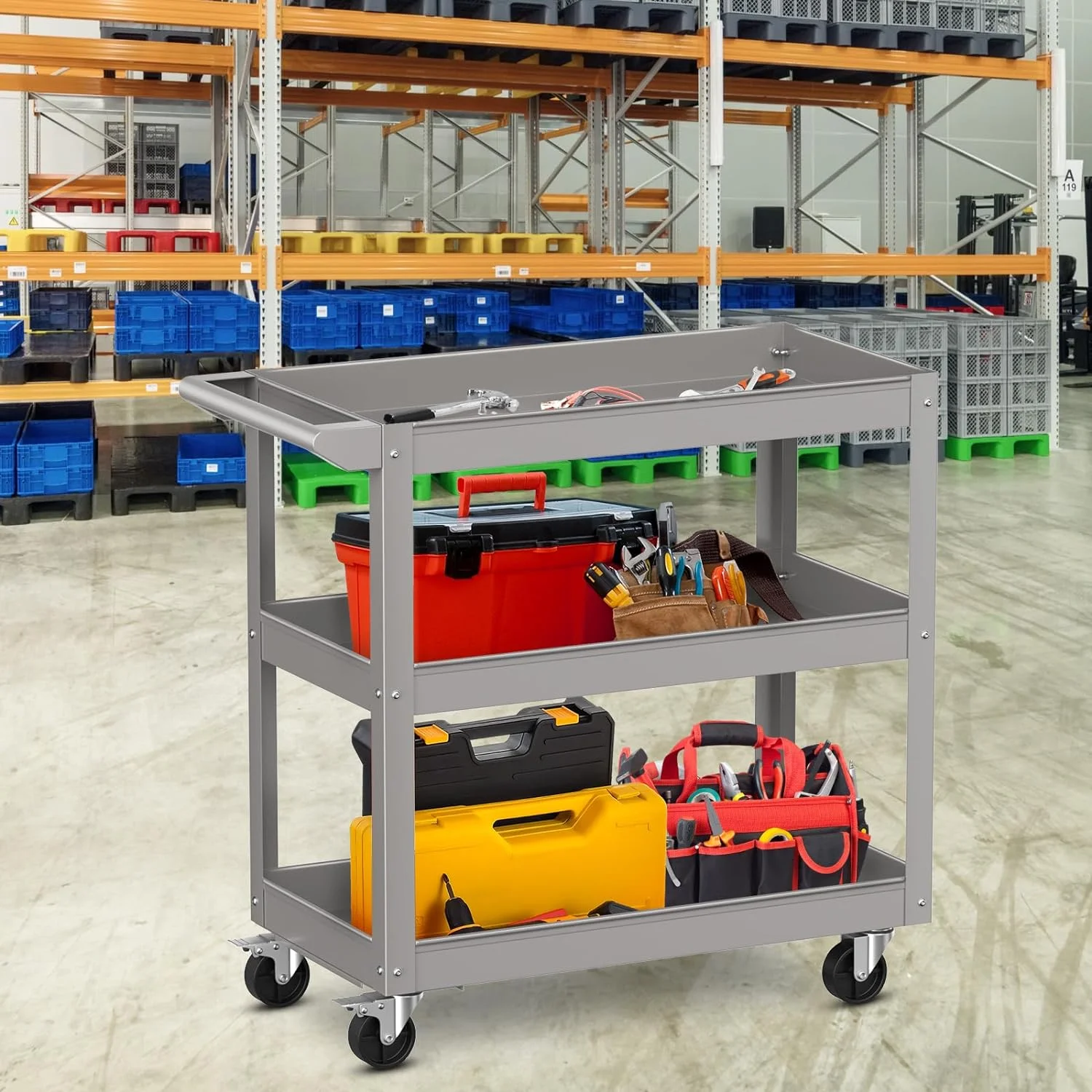 3-Tier Utility Cart, 396 LBS Capacity Rolling Tool Cart with Swivel Wheels and Ergonomic Handle, Heavy Duty Metal Service Cart for Warehouse, Garage and Workshop, Gray