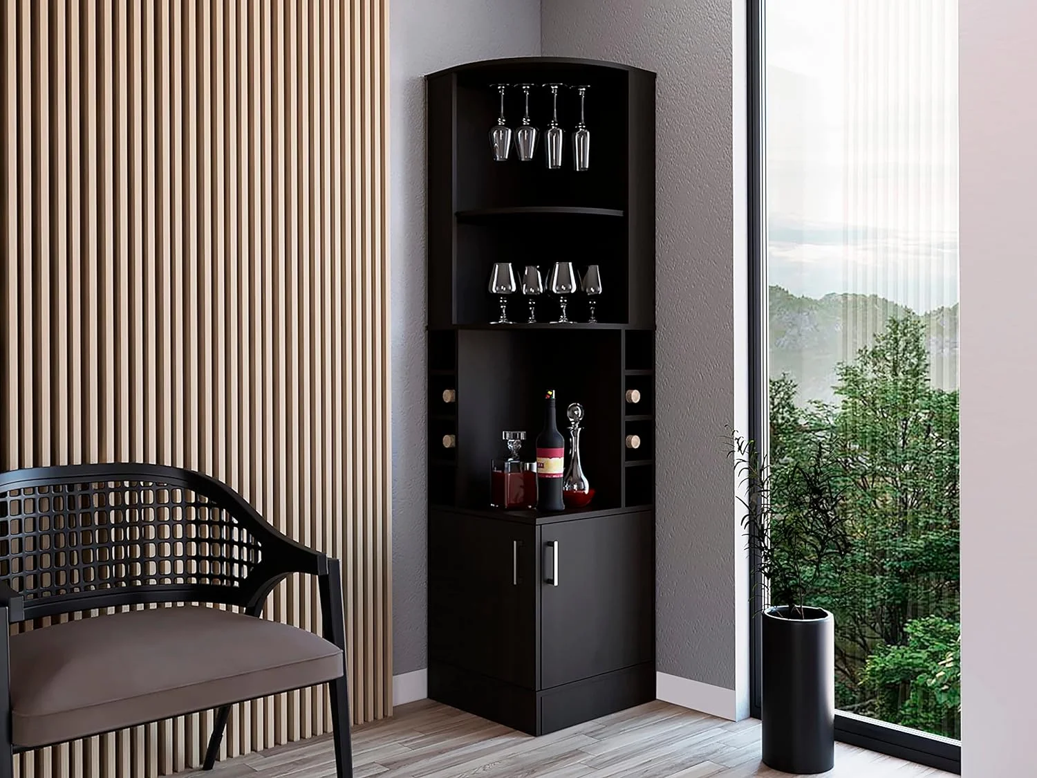 Egina Corner Bar Cabinet With 2 Open Shelves, 2 Doors, 8 Wine Cubbies, And Glass Rack, Black