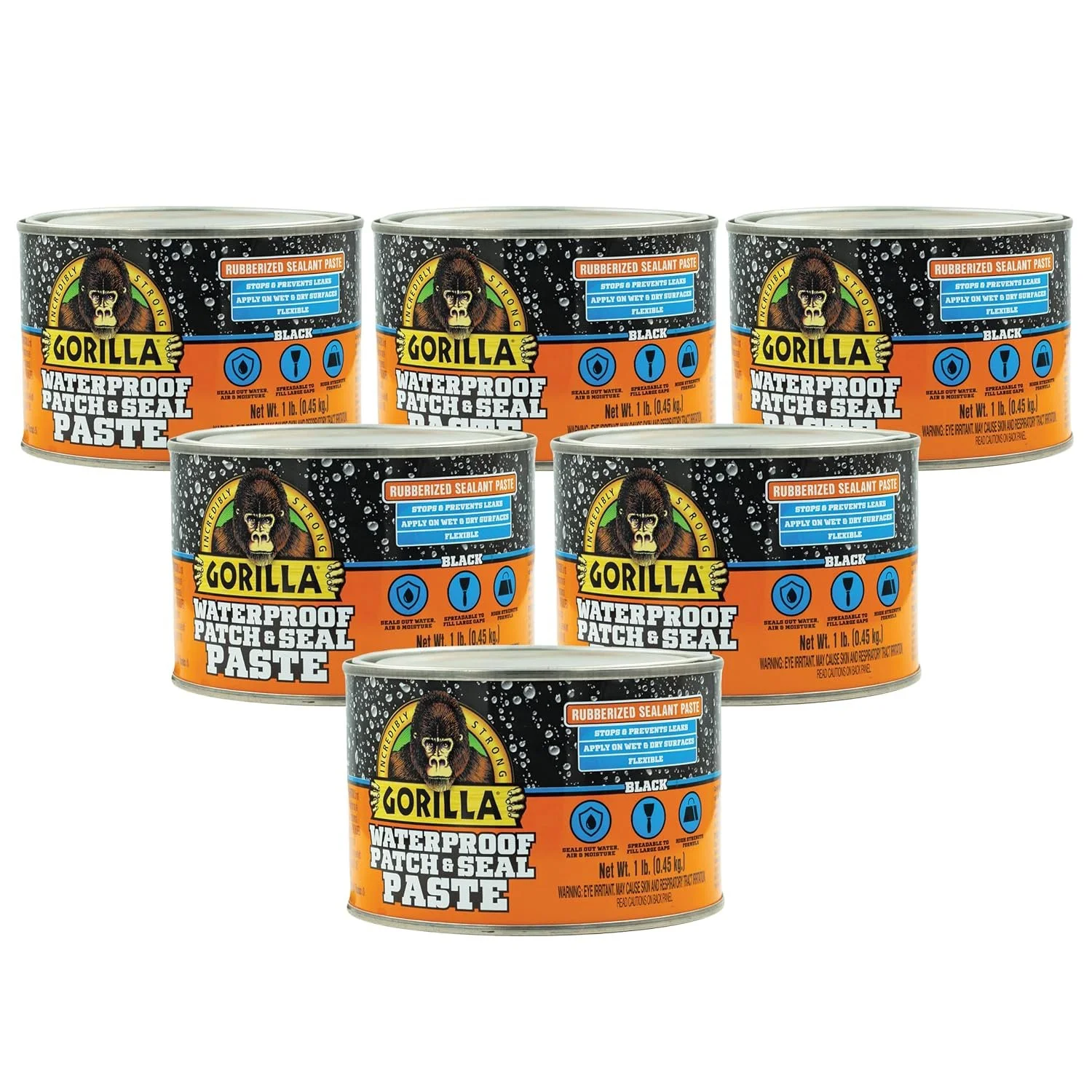 Gorilla Waterproof Patch & Seal Rubberized Sealant Paste, Black, 1lb Can Bulk Pack of 6