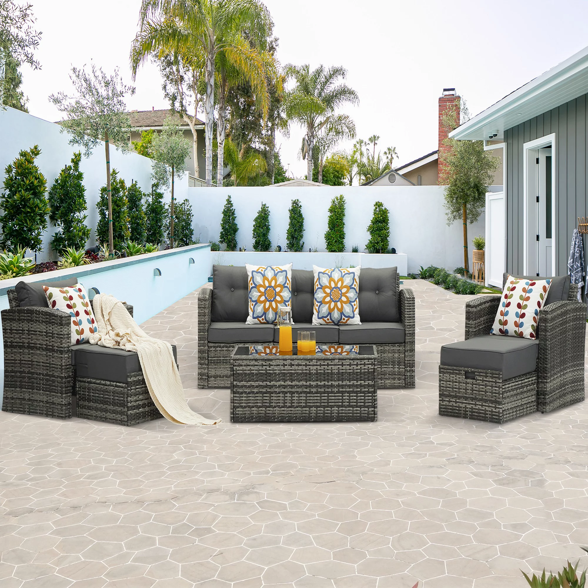 Cozyhom 8 Pieces Gray Wicker Rattan Patio Aluminum Sofa Furniture Set with Dark Gray Cushions