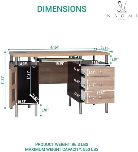 CHTYIIUN Elsy 3-Drawer File Cabinet Two-Tone Desk with Keyboard Tray  Power Outlets  USB Ports Charging Station  Metal Legs - 47.2" Wooden Computer Writing Desk Gaming Sturdy Home Off