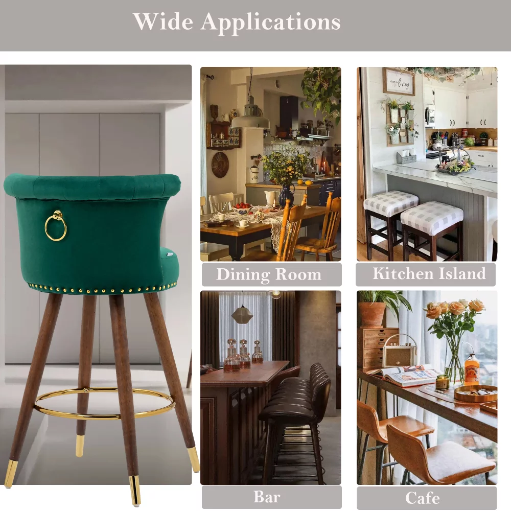 Upholstered Bar Stools, Tufted Counter Height Bar Stool Chairs with Solid Wood Legs Kitchen Island Padded Barstools with Nailhead Trim and Footrest High Chairs(Emerald,Set of 2)