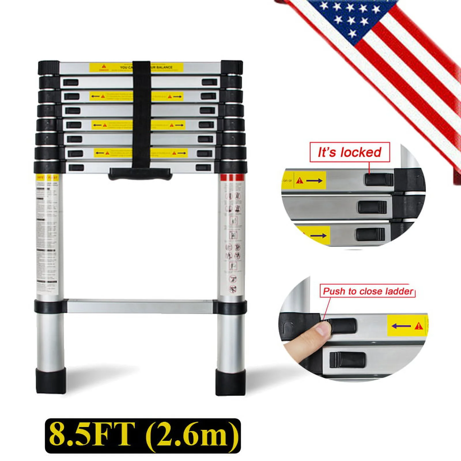 8.5FT Telescopic Ladder Extension Aluminum Ladder Folding Multi Purpose One-Button Retraction Non-Slip Ladder Load 330lbs