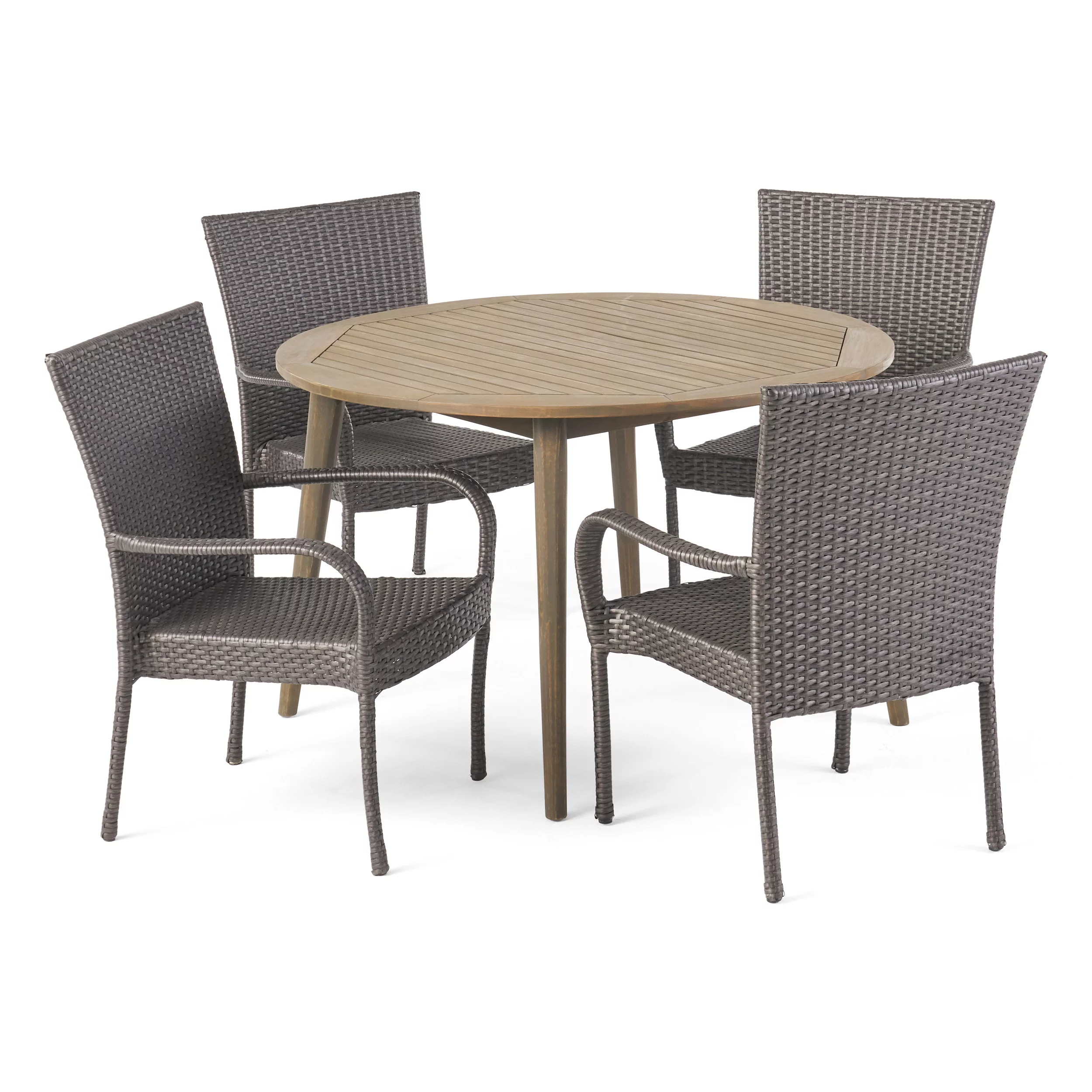 GDF Studio Culatra Outdoor Acacia Wood and Wicker 5 Piece Dining Set, Gray