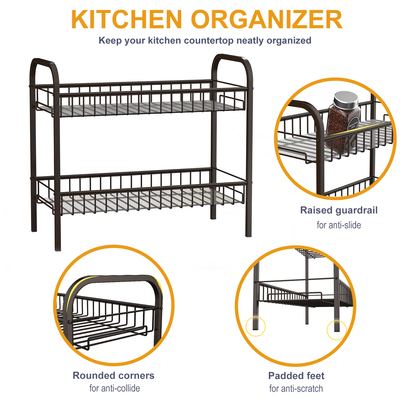 Spice Rack Organizer for Cabinet Countertop, 2 Tier Freestanding Metal Kitchen Storage with Shelf Liner for Kitchen Cabinet Bathroom Pantry Office