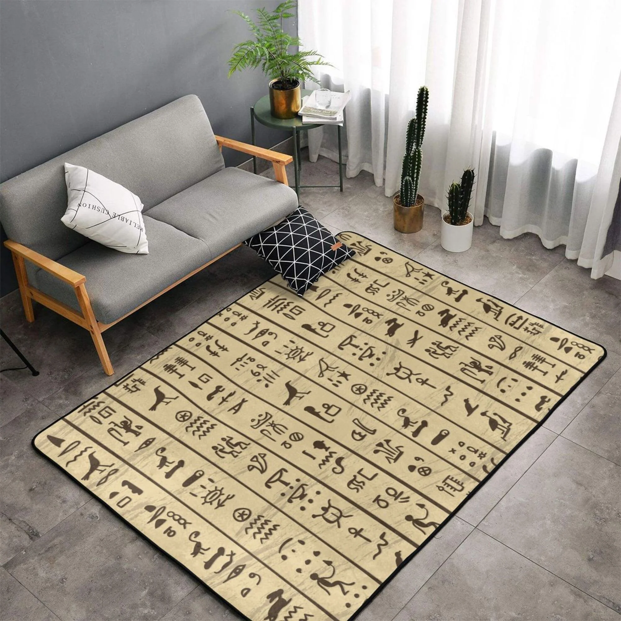 TEQUAN Area Rugs for Living Room Bedroom, Golden Egyptian Hieroglyphic Printed Carpet Non-Slip Door Mat Polyester Floor Mats, 60